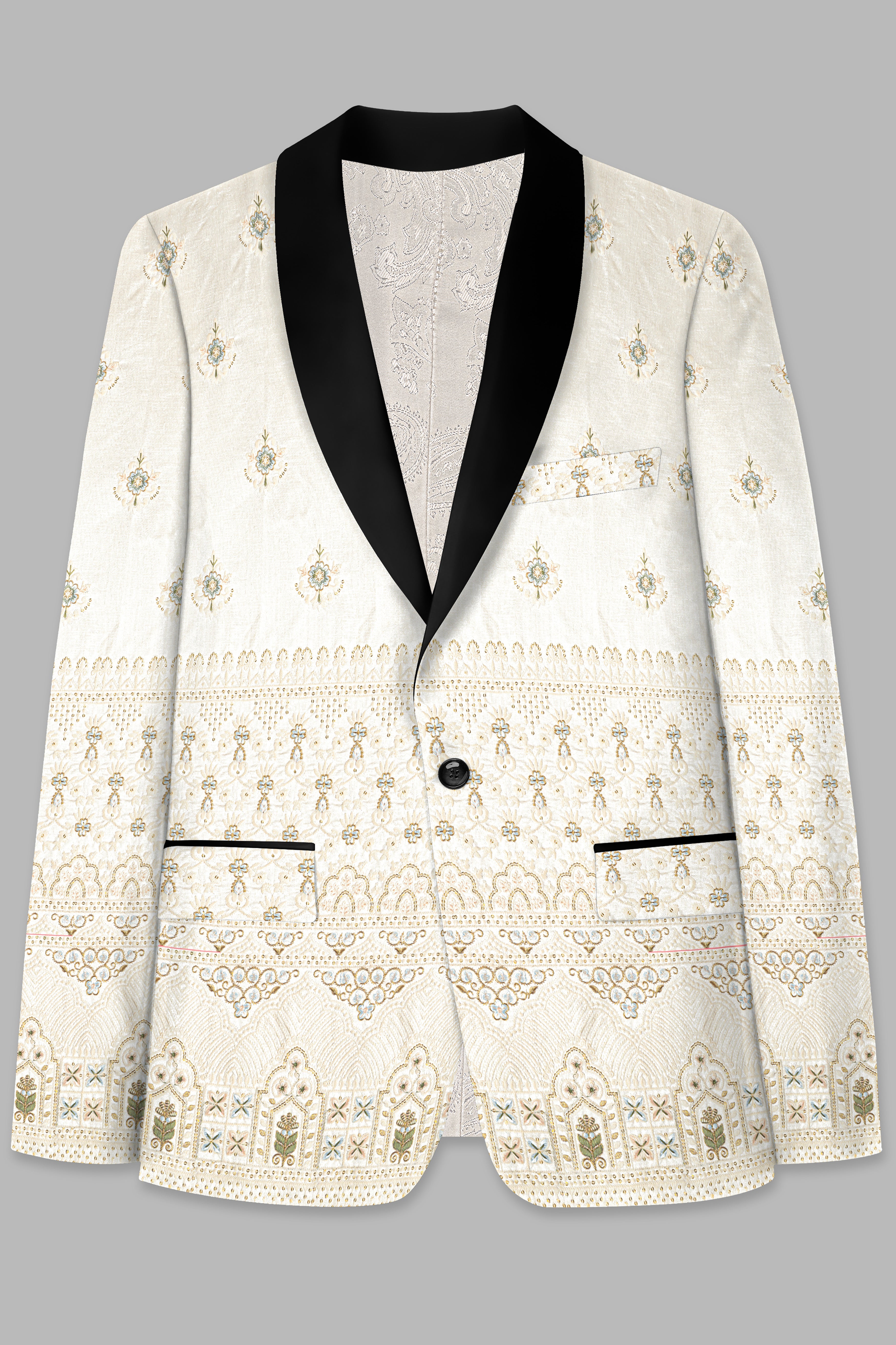 Eggshell Cream and Casper Blue Floral Thread and Sequin Embroidered Tuxedo Blazer BL3744-BKL-36, BL3744-BKL-38, BL3744-BKL-40, BL3744-BKL-42, BL3744-BKL-44, BL3744-BKL-46, BL3744-BKL-48, BL3744-BKL-50, BL3744-BKL-52, BL3744-BKL-54, BL3744-BKL-56, BL3744-BKL-58, BL3744-BKL-60