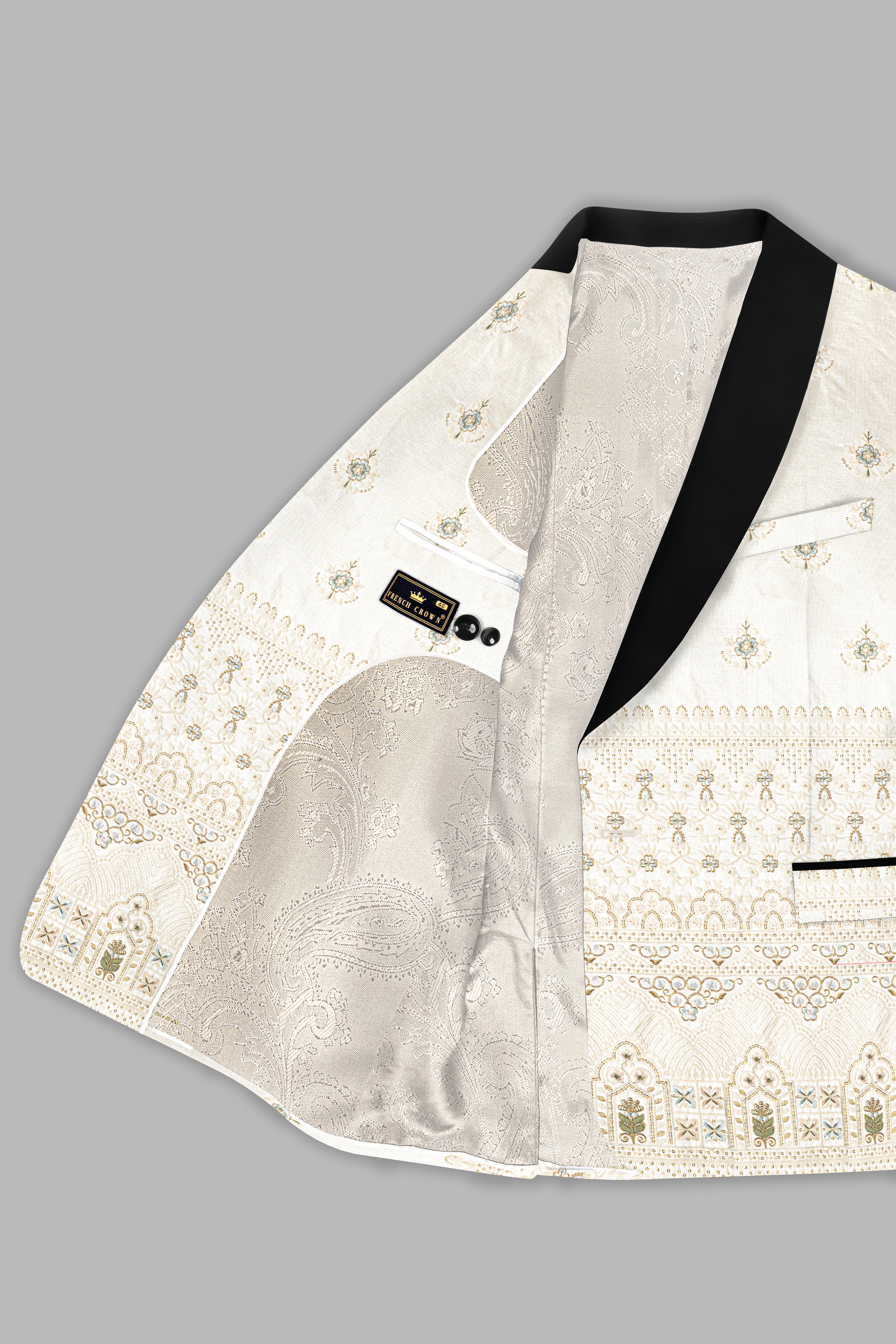 Eggshell Cream and Casper Blue Floral Thread and Sequin Embroidered Tuxedo Blazer BL3744-BKL-36, BL3744-BKL-38, BL3744-BKL-40, BL3744-BKL-42, BL3744-BKL-44, BL3744-BKL-46, BL3744-BKL-48, BL3744-BKL-50, BL3744-BKL-52, BL3744-BKL-54, BL3744-BKL-56, BL3744-BKL-58, BL3744-BKL-60