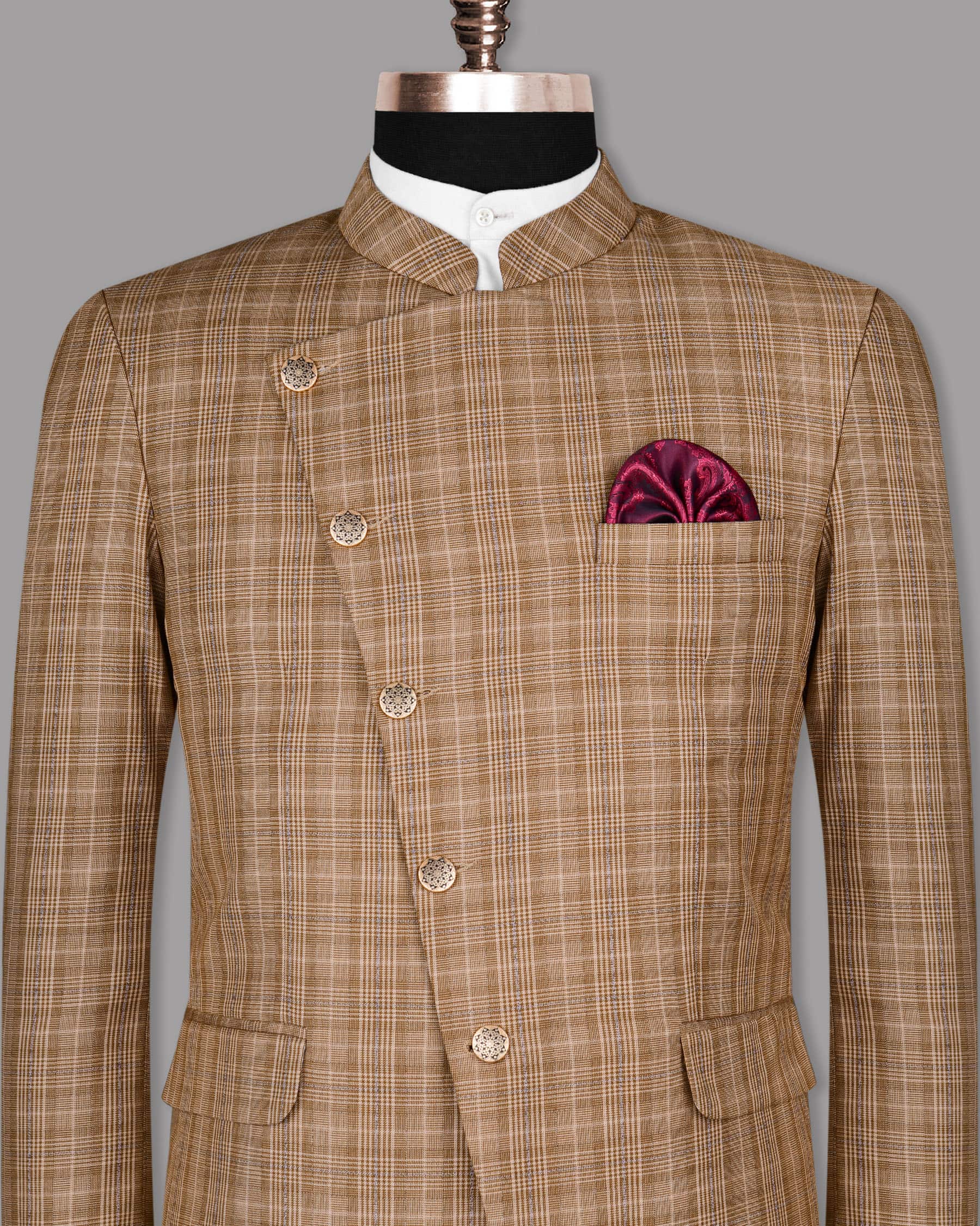 Camel Plaid Cross Buttoned Bandhgala/Mandarin Blazer BL388CBG-38, BL388CBG-36, BL388CBG-52, BL388CBG-44, BL388CBG-58, BL388CBG-50, BL388CBG-48, BL388CBG-60, BL388CBG-40, BL388CBG-56, BL388CBG-46, BL388CBG-54, BL388CBG-42