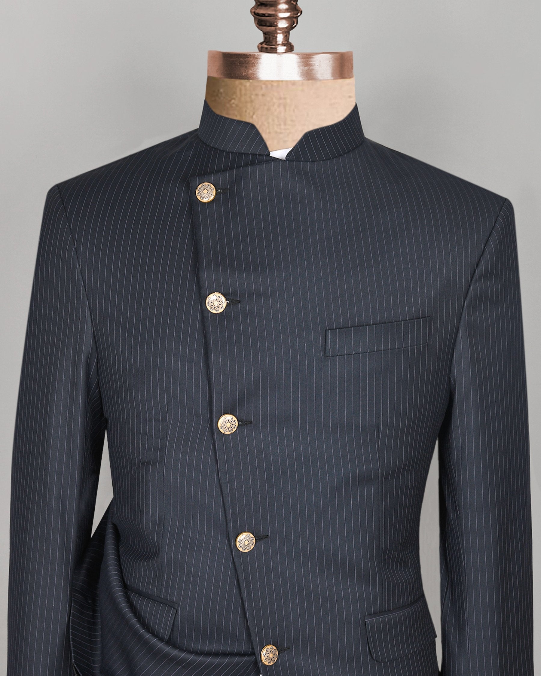 Jade Black Pinstriped Cross Buttoned Bandhgala/Mandarin wool blend Blazer BL515CBG-36, BL515CBG-38, BL515CBG-40, BL515CBG-42, BL515CBG-44, BL515CBG-46, BL515CBG-48, BL515CBG-50, BL515CBG-52, BL515CBG-58, BL515CBG-54, BL515CBG-56, BL515CBG-60