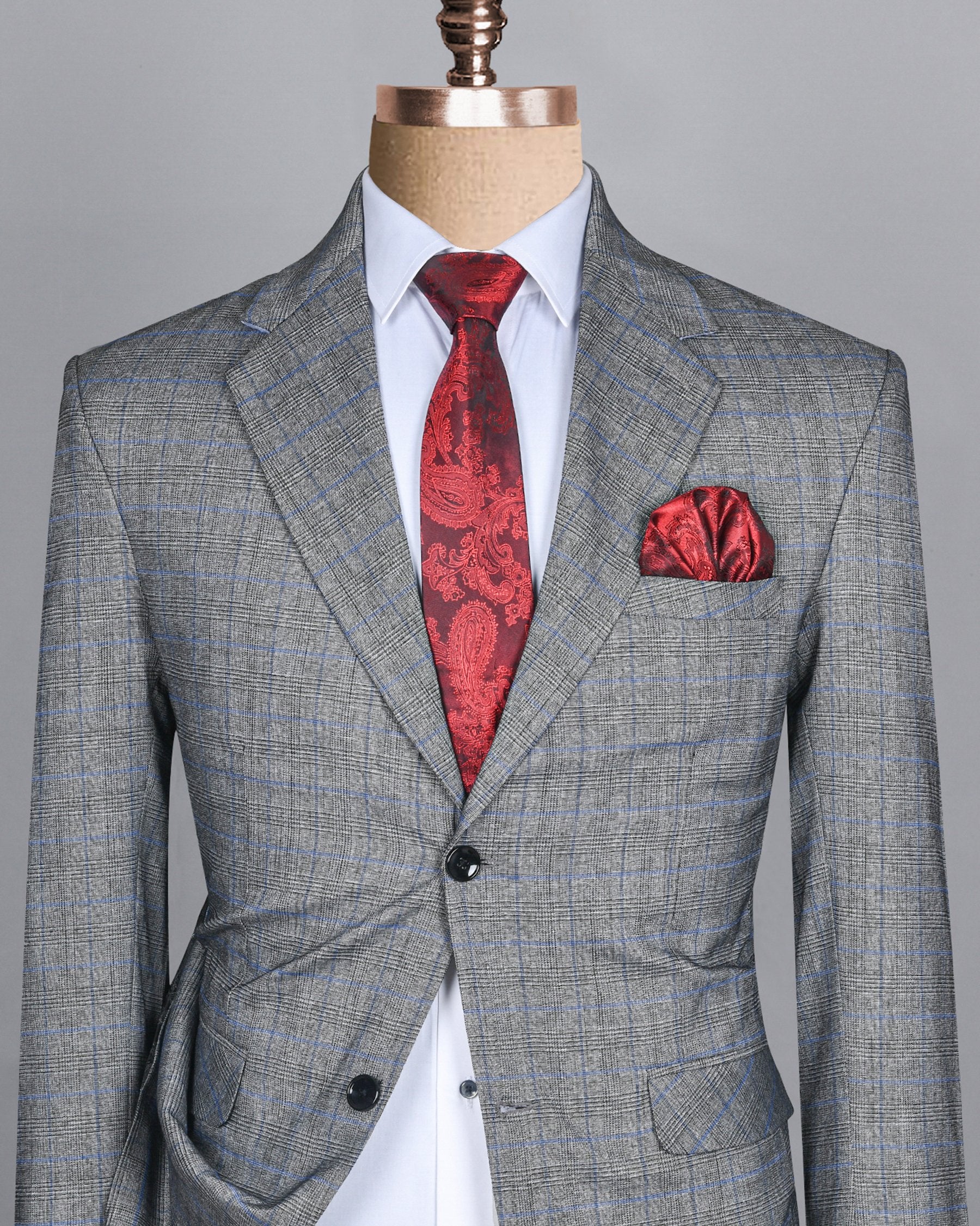 Pewter Grey Plaid and textured Premium Wool Blazer