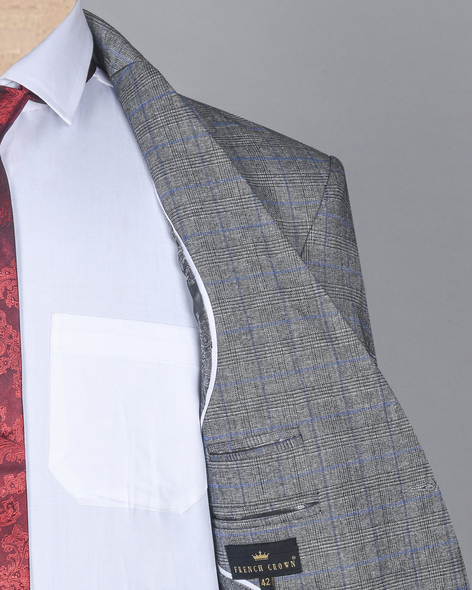 Pewter Grey Plaid and textured Premium Wool Blazer