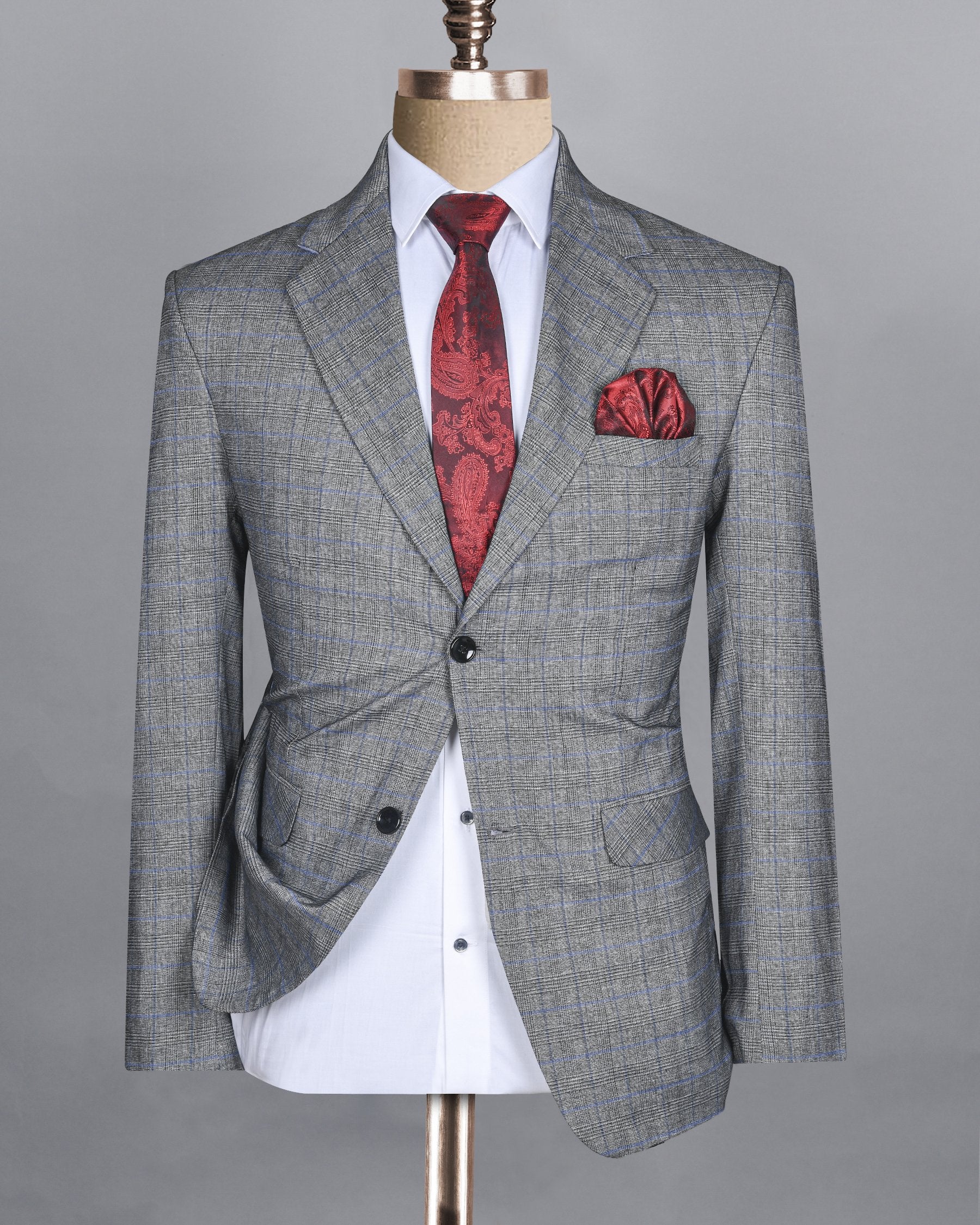 Pewter Grey Plaid and textured Premium Wool Blazer