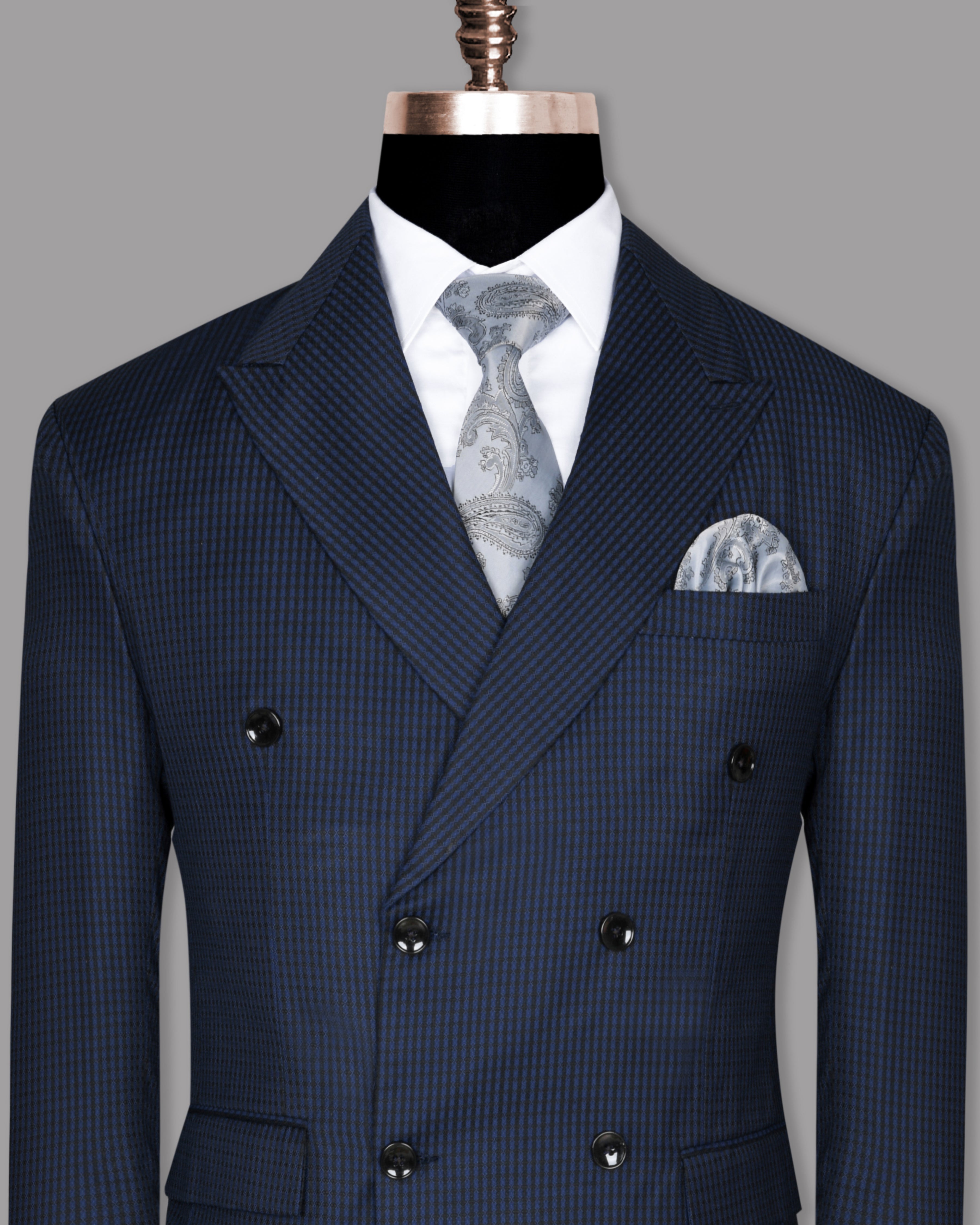 Navy with Black striped and X Textured Wool Blend Double Breasted Blazer BL631DB-56, BL631DB-58, BL631DB-36, BL631DB-38, BL631DB-40, BL631DB-42, BL631DB-54, BL631DB-46, BL631DB-48, BL631DB-52, BL631DB-60, BL631DB-44, BL631DB-50