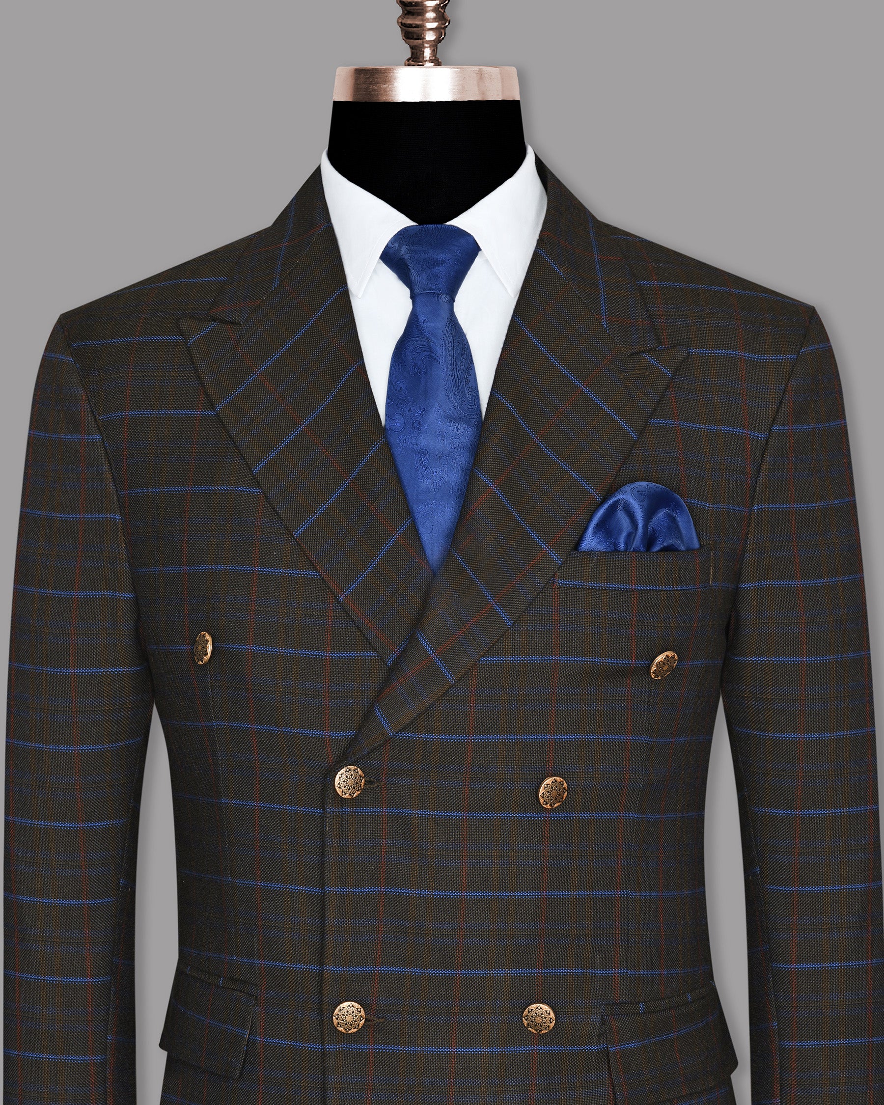 Brown Plaid Wool Blend Double Breasted Tweed Blazer BL681DB-36, BL681DB-48, BL681DB-38, BL681DB-44, BL681DB-52, BL681DB-42, BL681DB-50, BL681DB-40, BL681DB-56, BL681DB-58, BL681DB-60, BL681DB-46, BL681DB-54