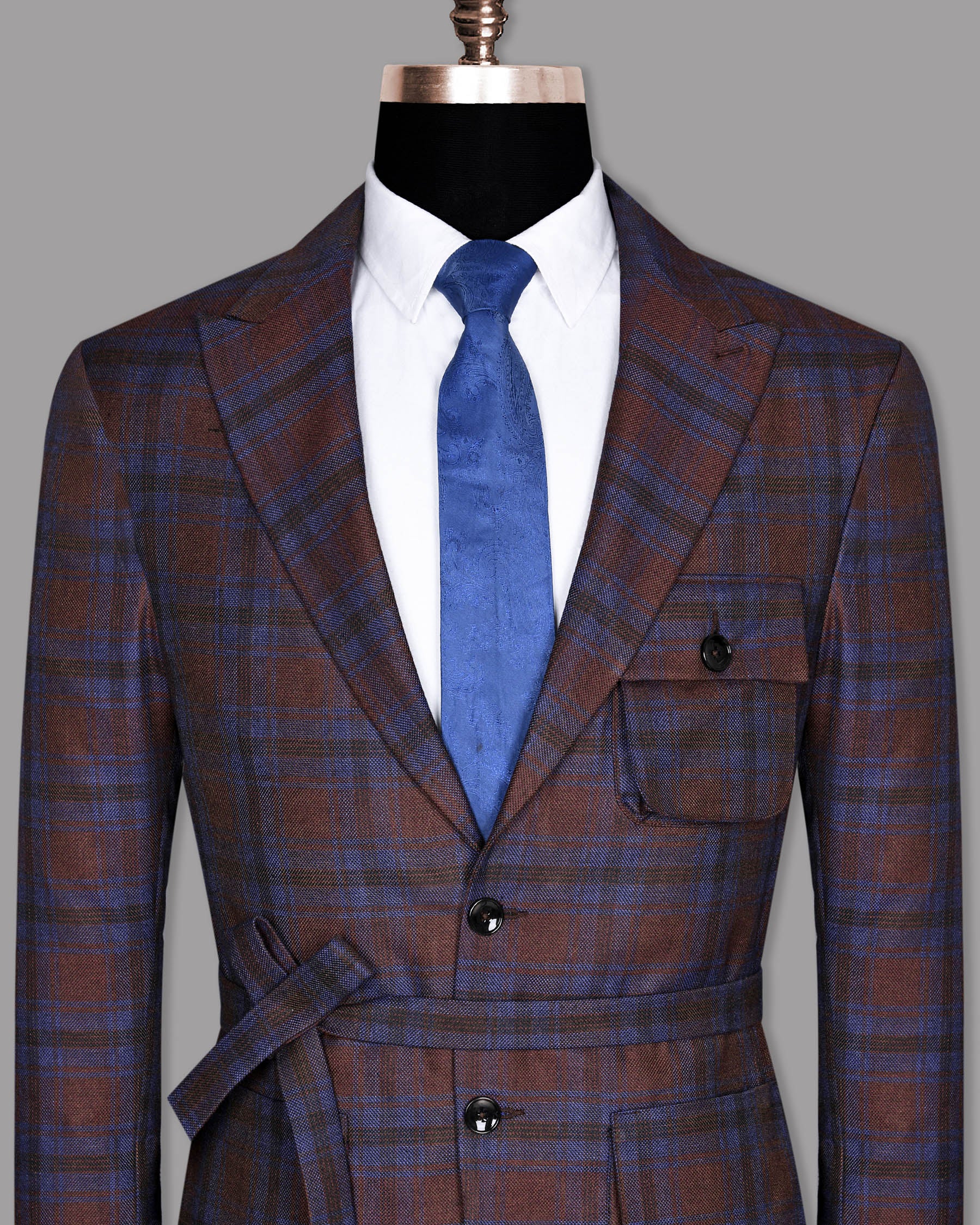 Maroon with Royal Blue Plaid Striped Wool Tweed Blazer BL685-D9-36, BL685-D9-48, BL685-D9-50, BL685-D9-38, BL685-D9-44, BL685-D9-52, BL685-D9-42, BL685-D9-46, BL685-D9-54, BL685-D9-58, BL685-D9-60, BL685-D9-40, BL685-D9-56