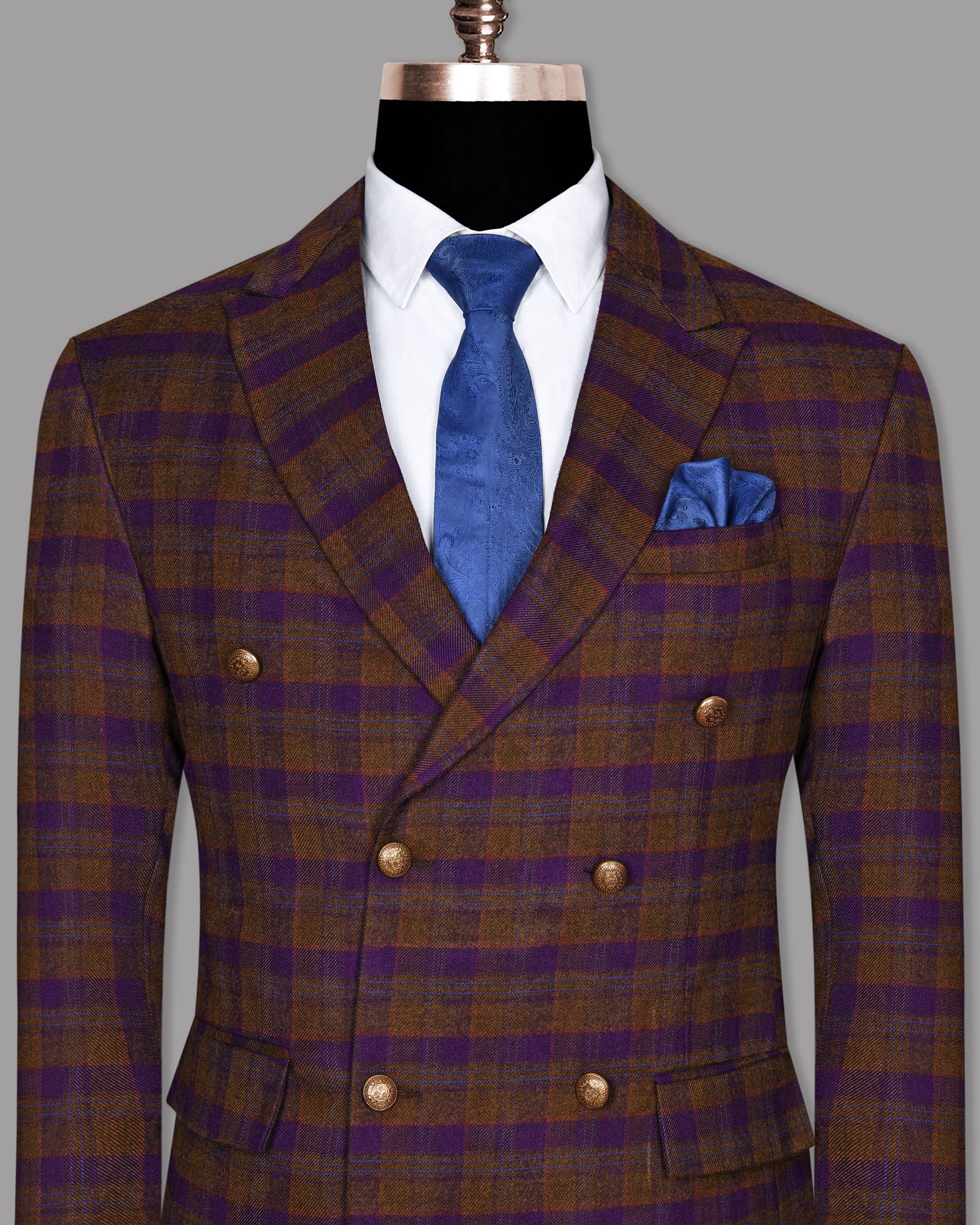 Brown with Purple Checked Flannel Wool Double Breasted Tweed Blazer BL687DB-52, BL687DB-54, BL687DB-60, BL687DB-36, BL687DB-38, BL687DB-40, BL687DB-42, BL687DB-44, BL687DB-48, BL687DB-50, BL687DB-56, BL687DB-46, BL687DB-58