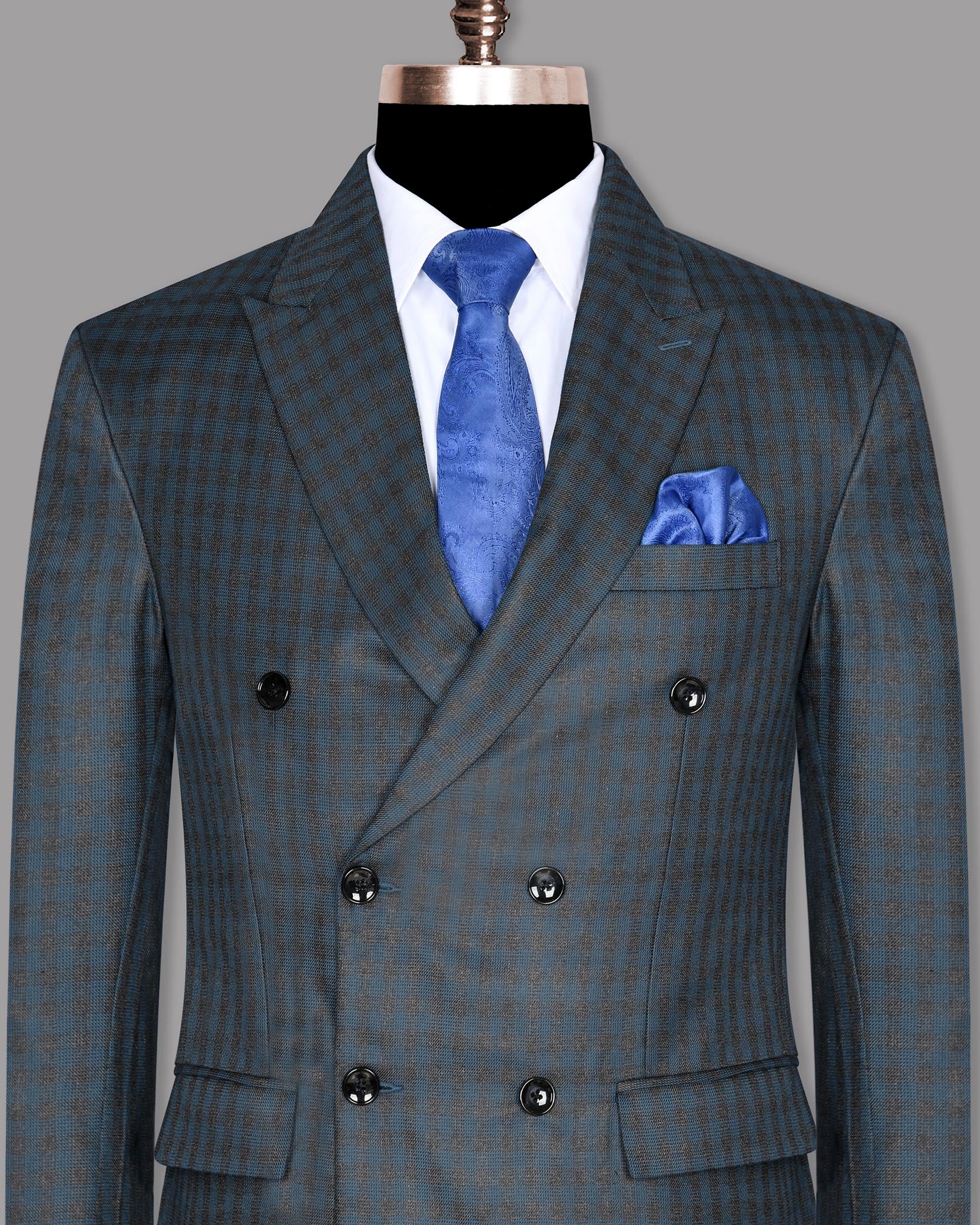 Charcoal with Sapphire Blue Checked Wool Blend Double Breasted Blazer BL708DB-38, BL708DB-42, BL708DB-36, BL708DB-40, BL708DB-44, BL708DB-46, BL708DB-48, BL708DB-54, BL708DB-60, BL708DB-58, BL708DB-50, BL708DB-52, BL708DB-56