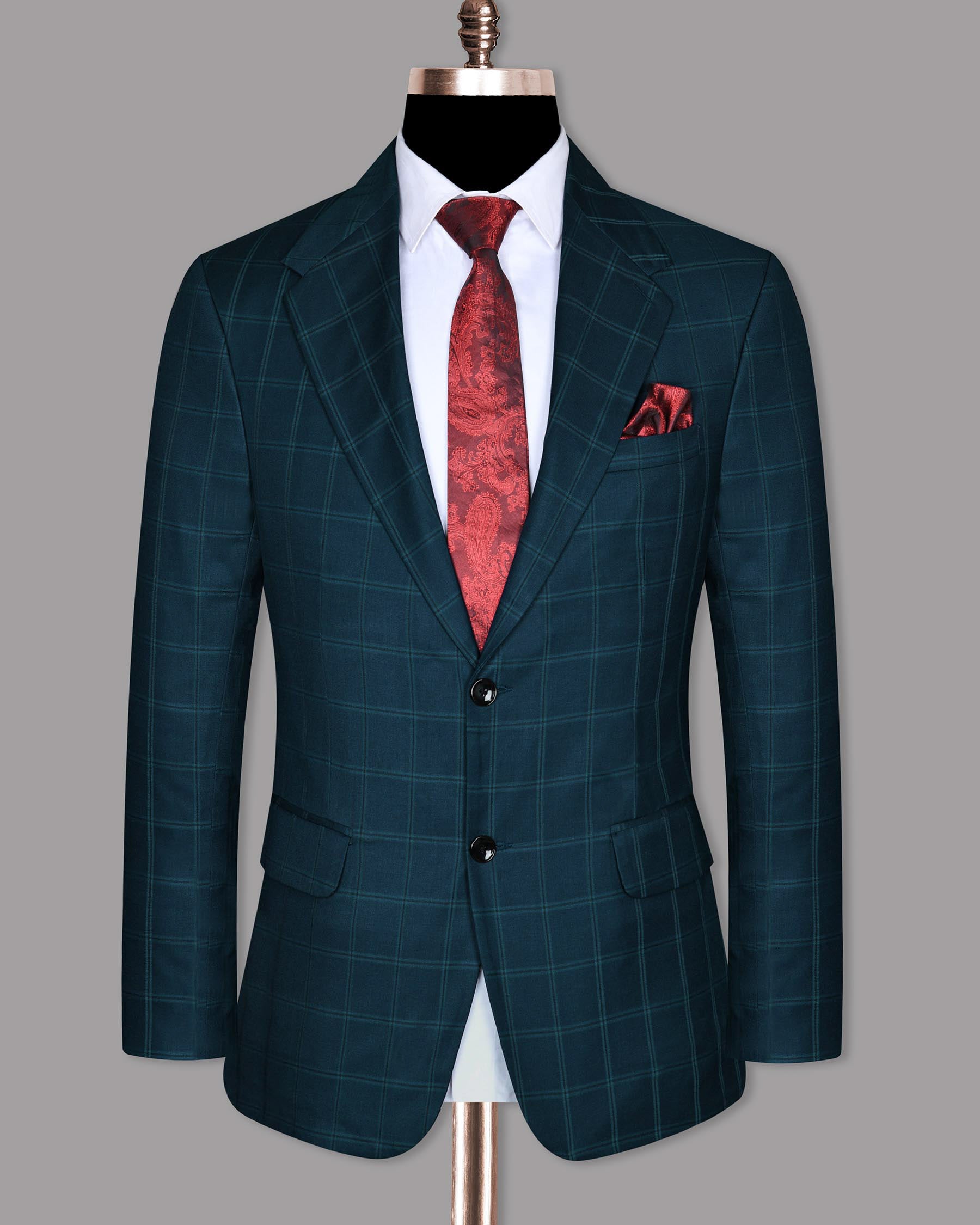 Peacock Blue Windowpane Wool Blazer