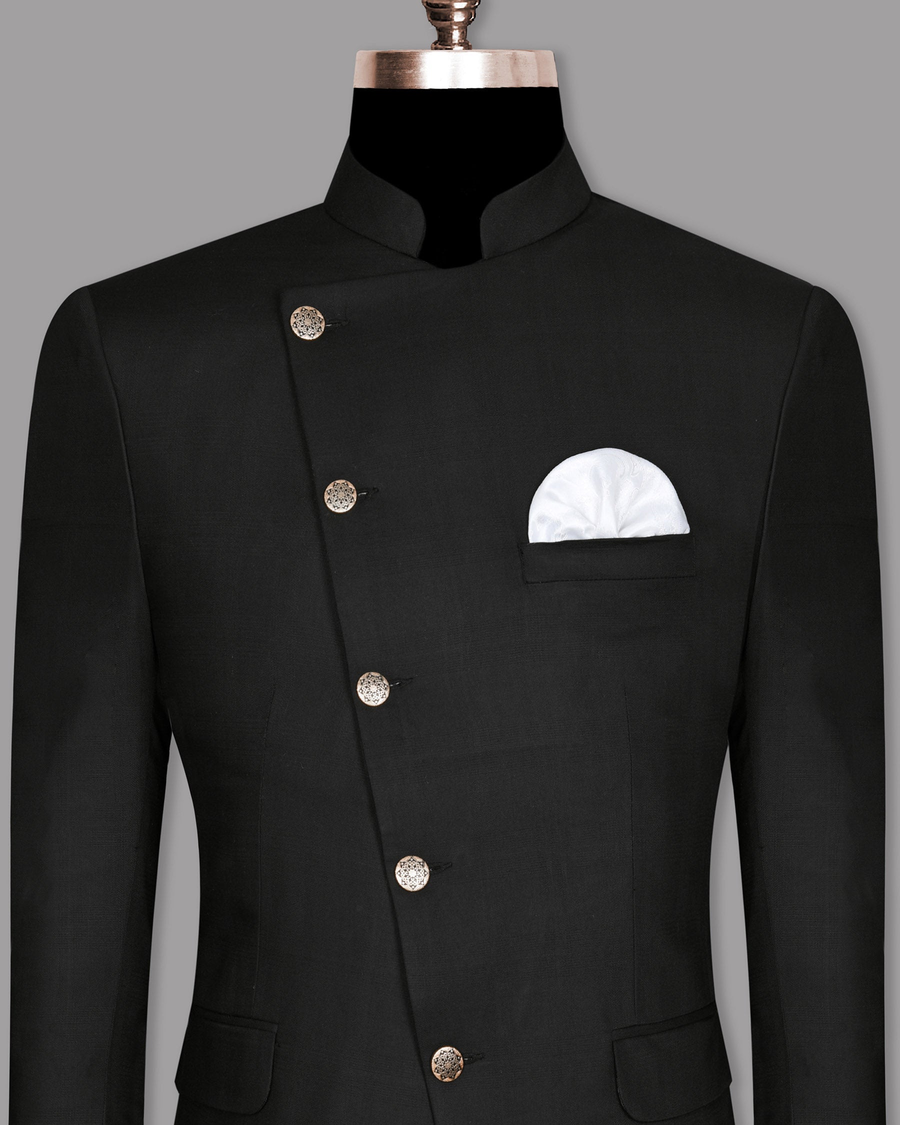 Jade Black Subtle Plaid Cross Placket Bandhgala/Mandarin wool-silk blend Blazer