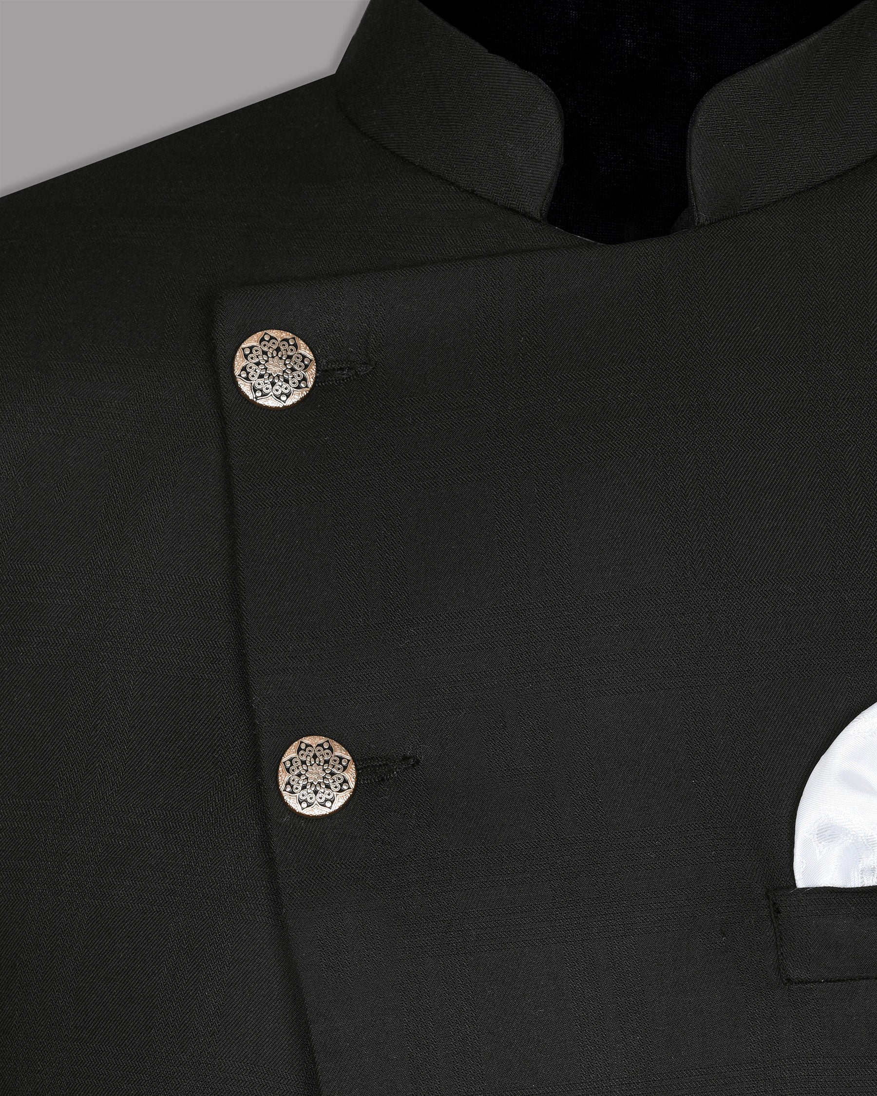 Jade Black Subtle Plaid Cross Placket Bandhgala/Mandarin wool-silk blend Blazer