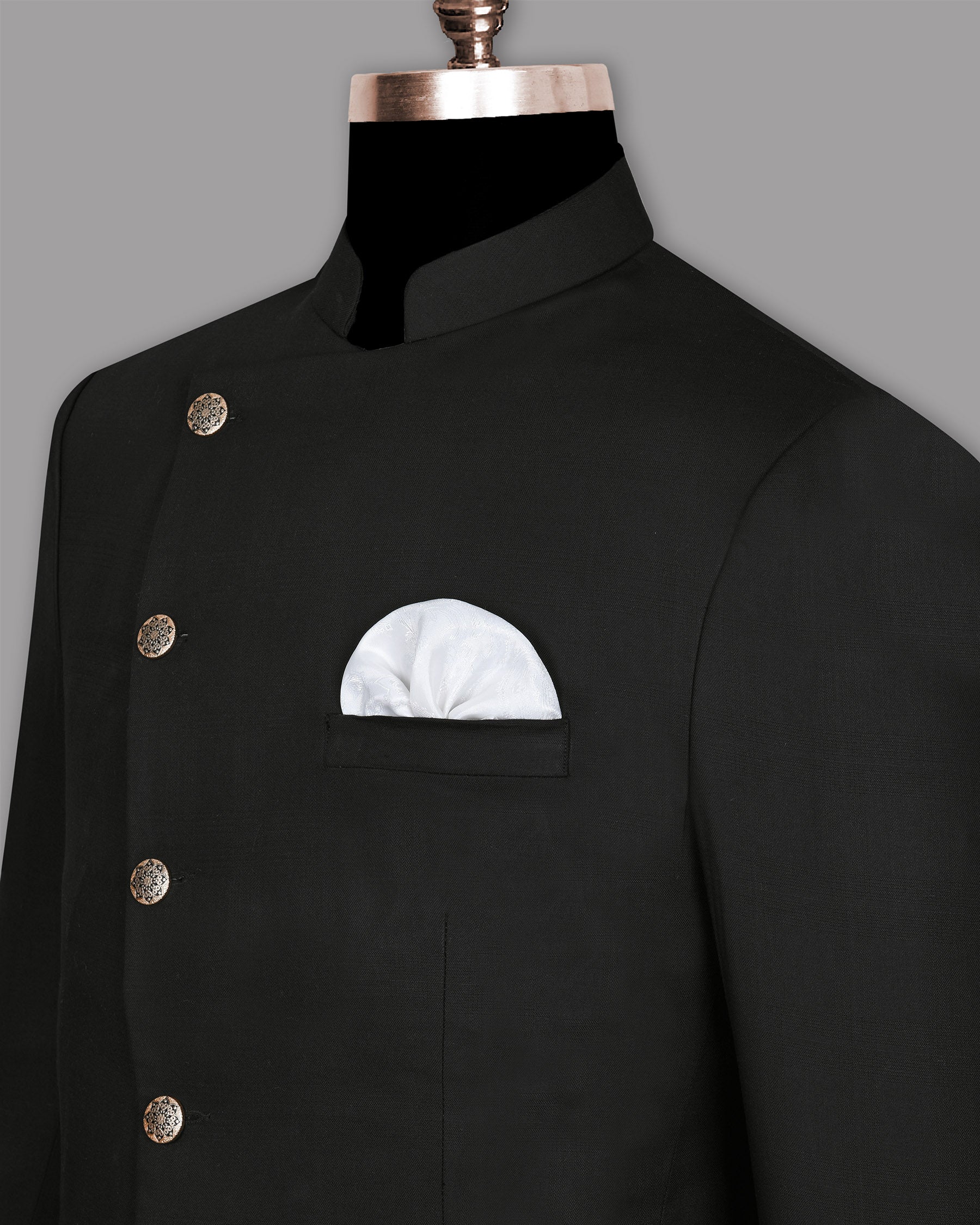 Jade Black Subtle Plaid Cross Placket Bandhgala/Mandarin wool-silk blend Blazer
