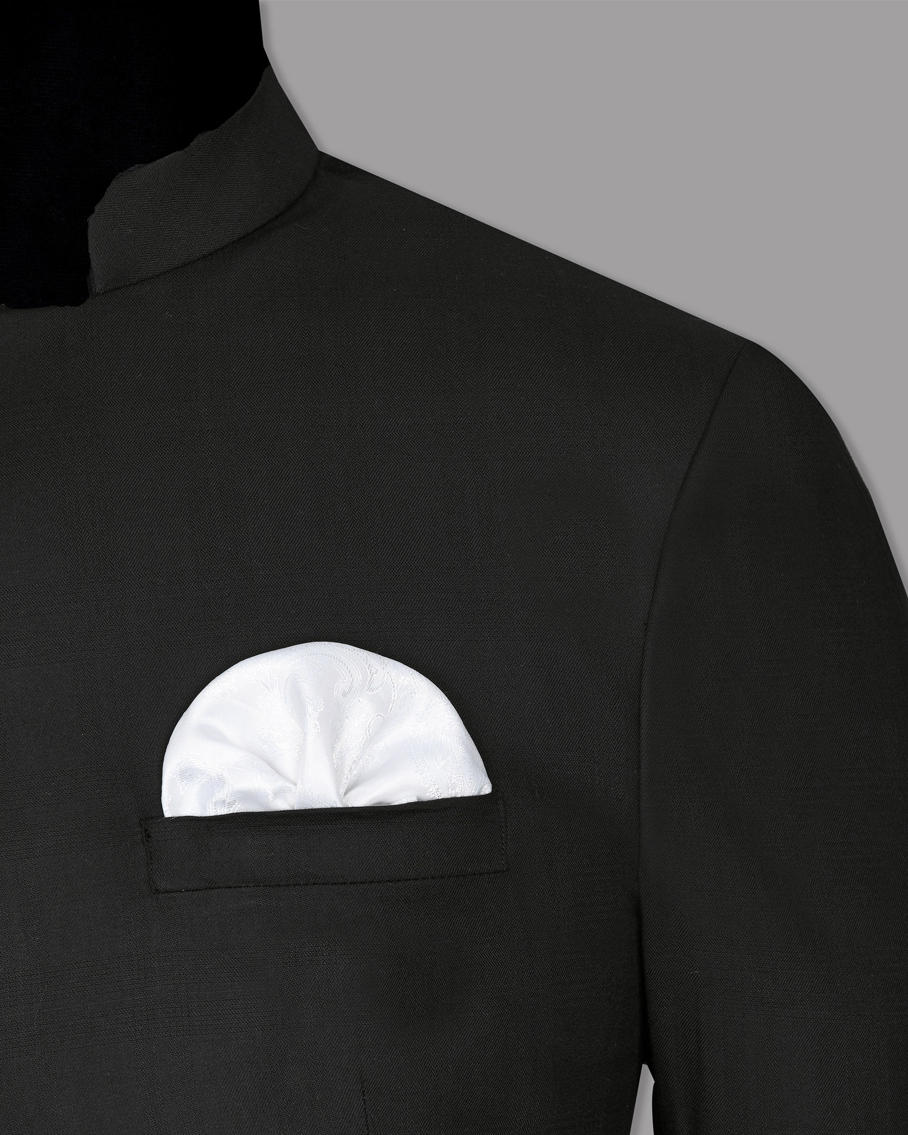 Jade Black Subtle Plaid Cross Placket Bandhgala/Mandarin wool-silk blend Blazer