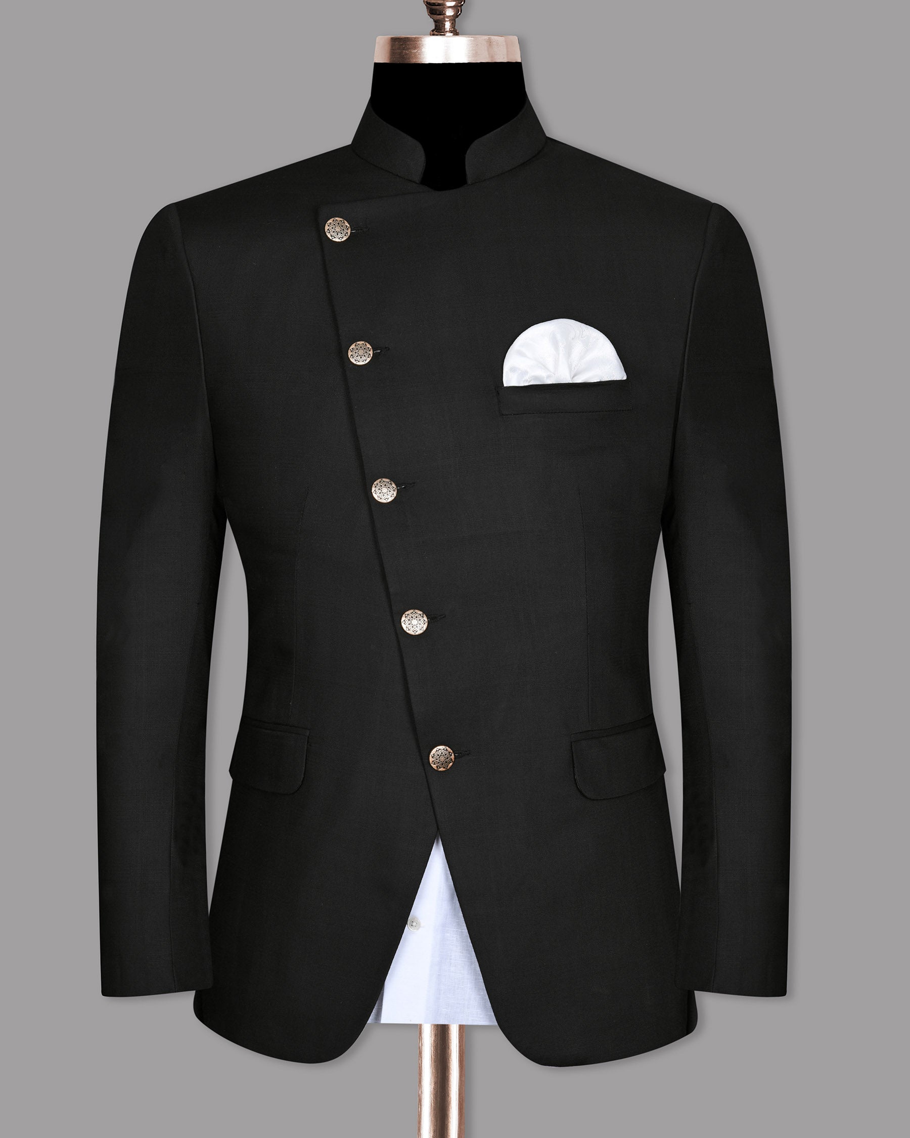 Jade Black Subtle Plaid Cross Placket Bandhgala/Mandarin wool-silk blend Blazer