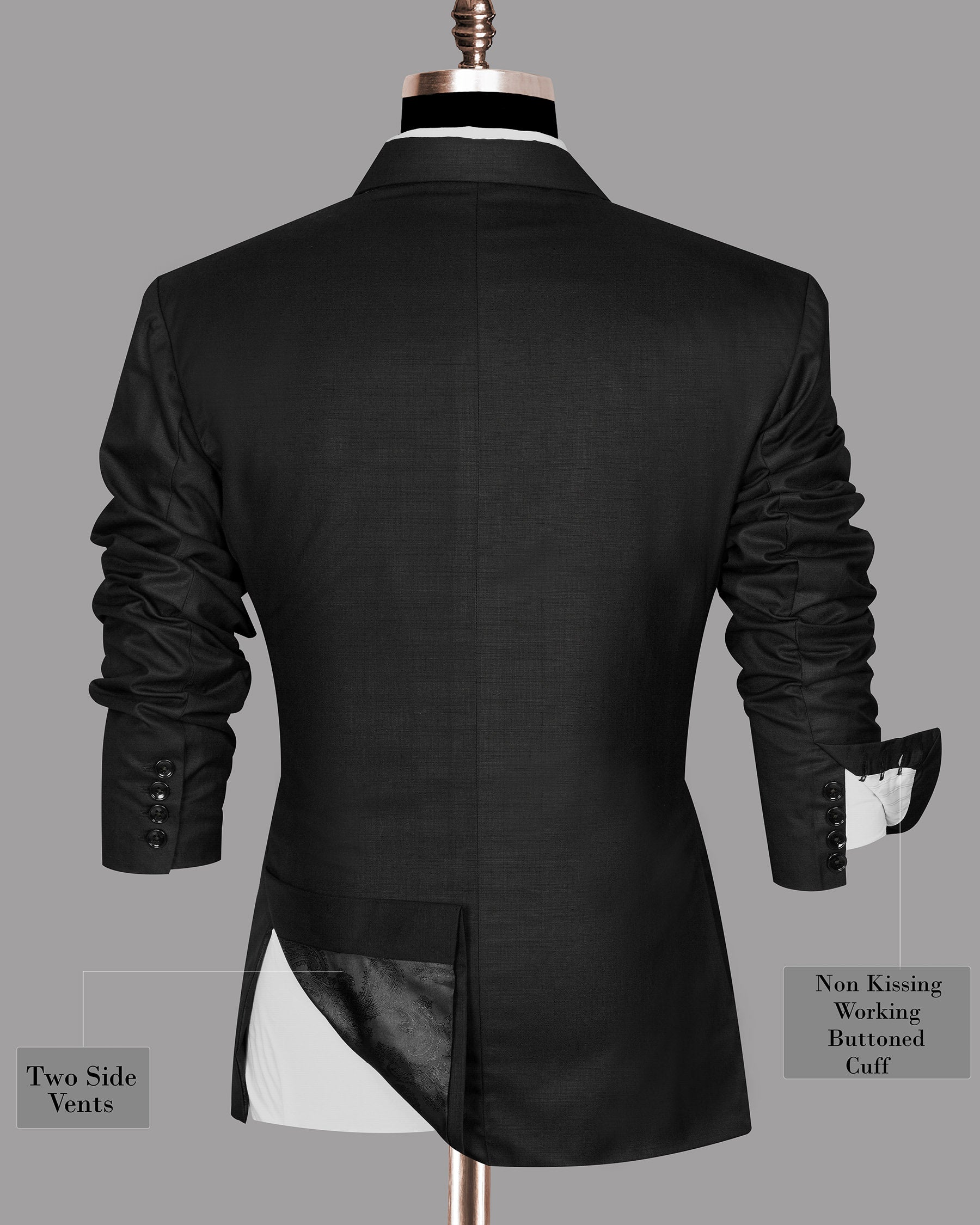 Jade Black Subtle Plaid Cross Placket Bandhgala/Mandarin wool-silk blend Blazer