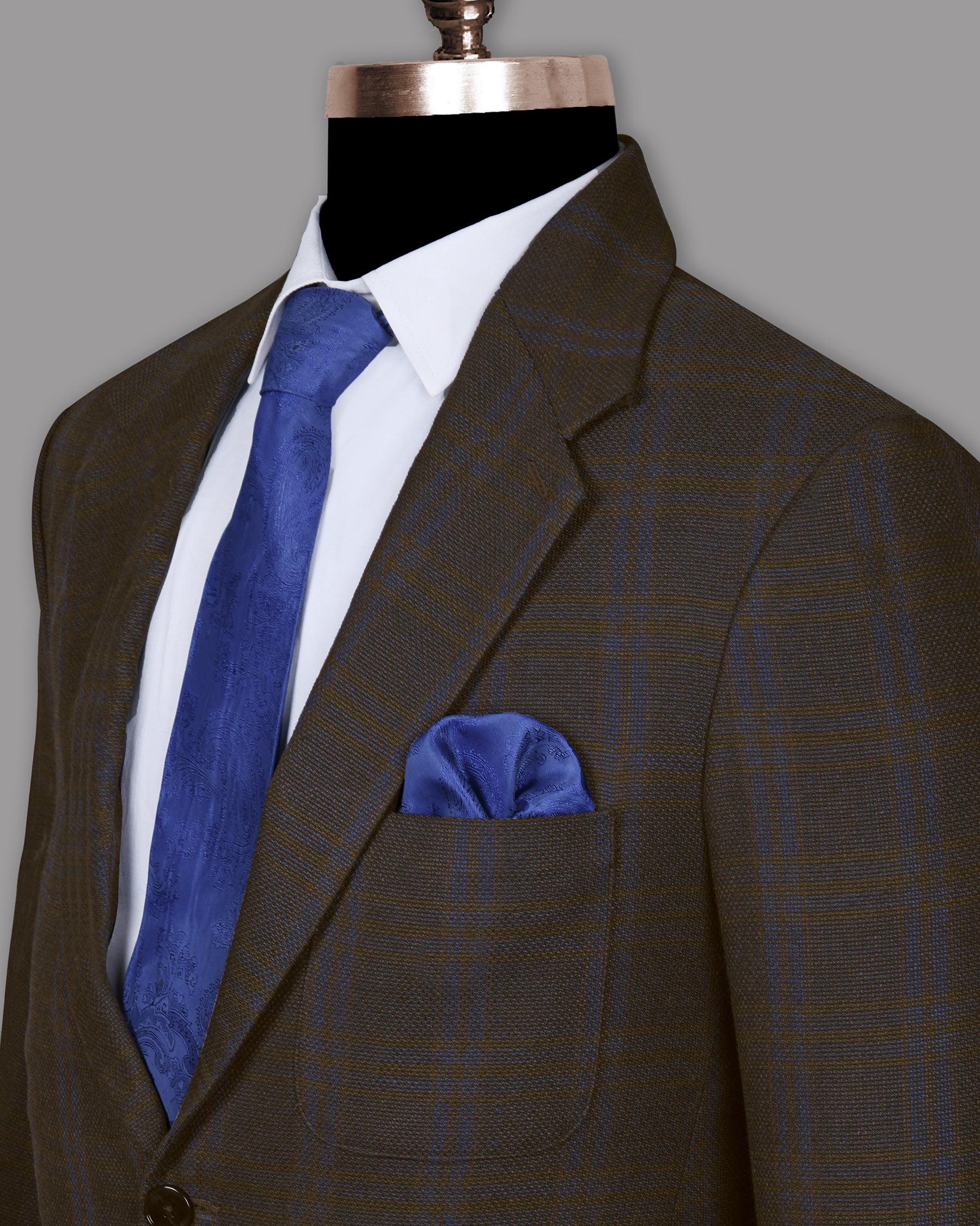 Chocolate Brown subtle windowpane Dobby Wool Double Breasted Tweed Blazer