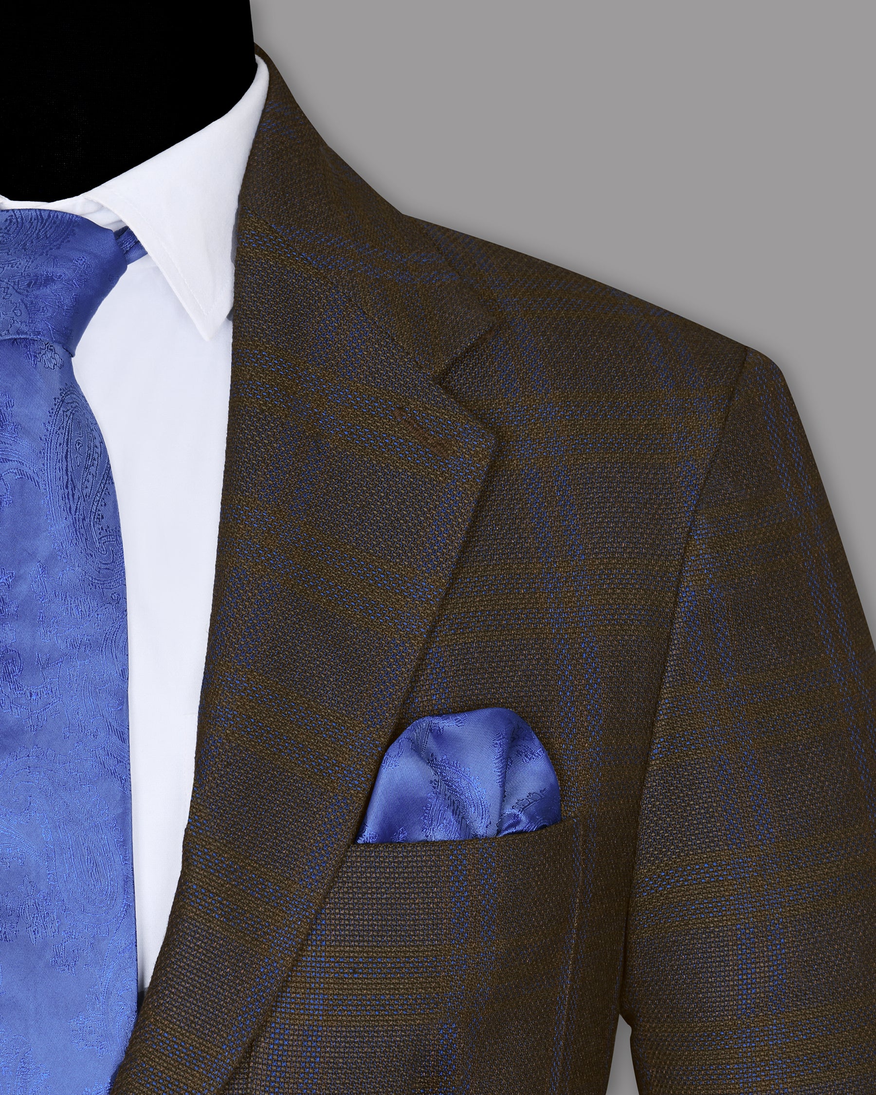 Chocolate Brown subtle windowpane Dobby Wool Double Breasted Tweed Blazer