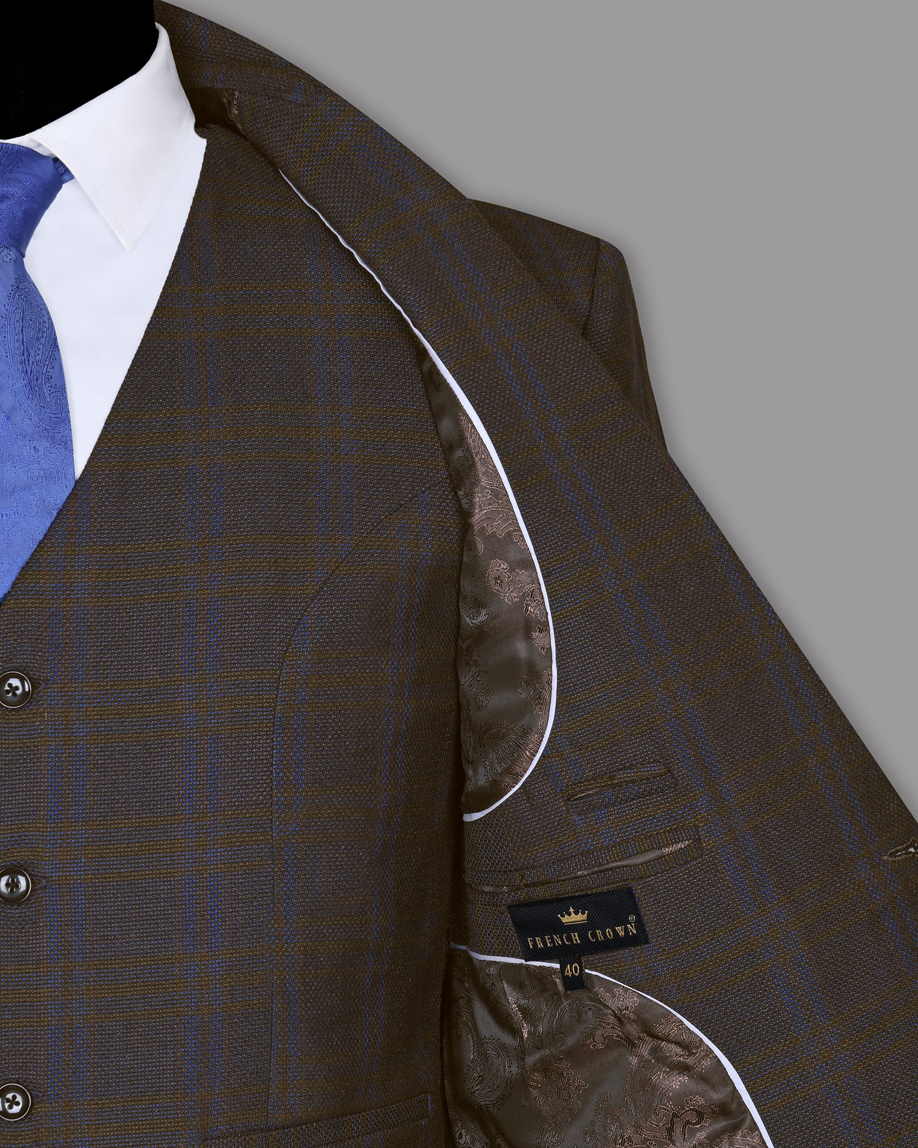 Chocolate Brown subtle windowpane Dobby Wool Double Breasted Tweed Blazer