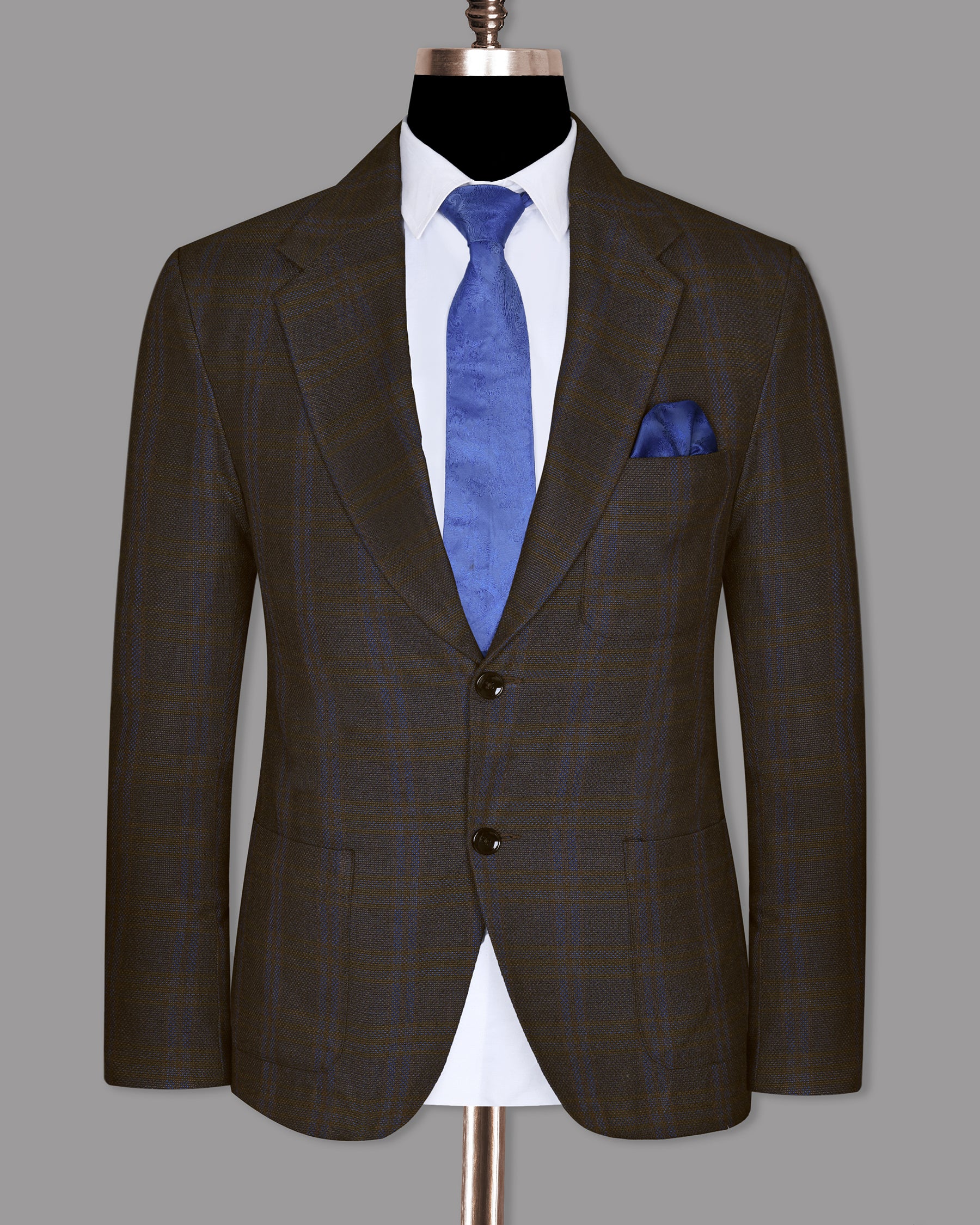 Chocolate Brown subtle windowpane Dobby Wool Double Breasted Tweed Blazer