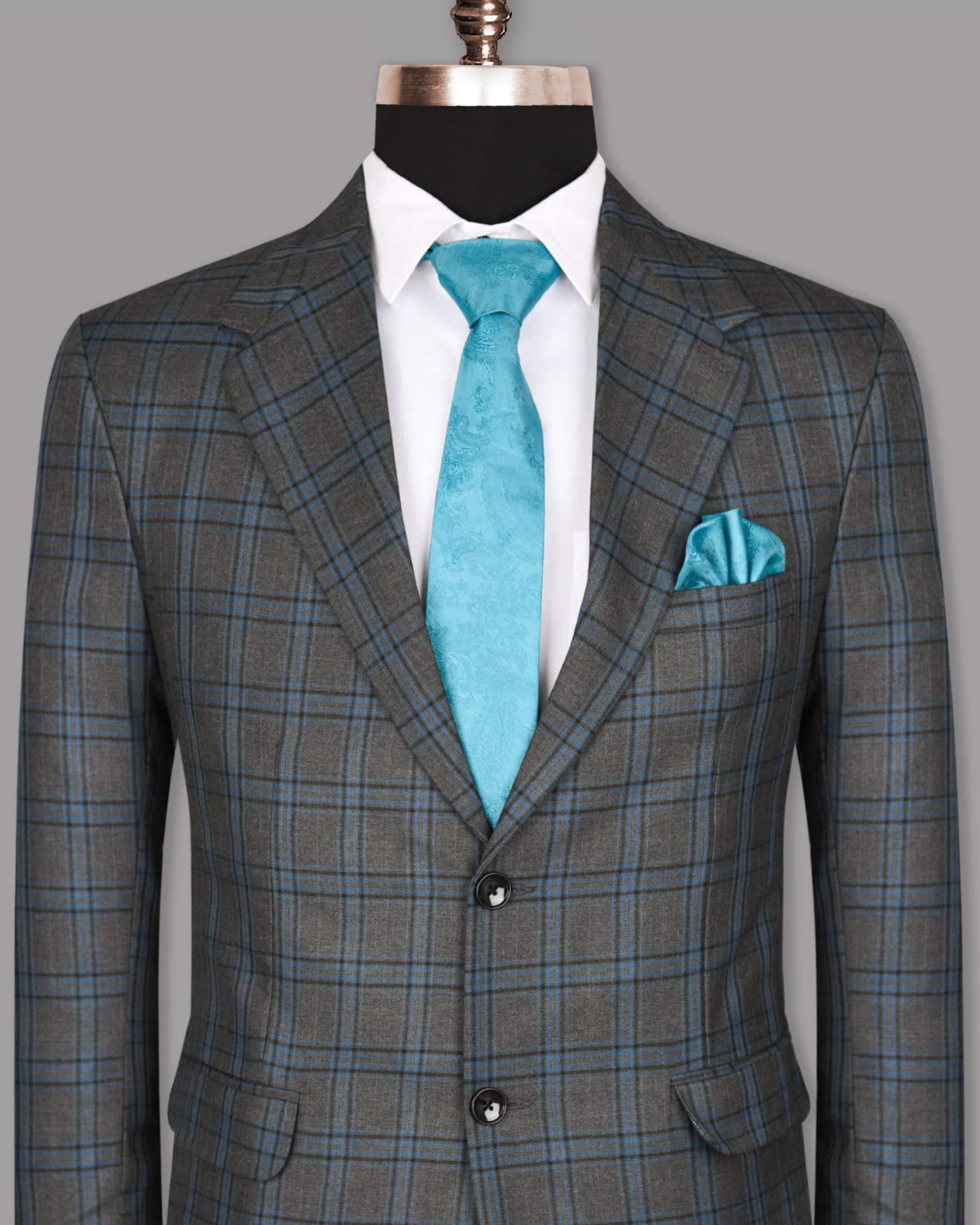 Ash Grey with Sky Checked Tweed Wool Blend Blazer BL762SB-36, BL762SB-40, BL762SB-60, BL762SB-50, BL762SB-46, BL762SB-38, BL762SB-44, BL762SB-48, BL762SB-54, BL762SB-42, BL762SB-52, BL762SB-56, BL762SB-58
