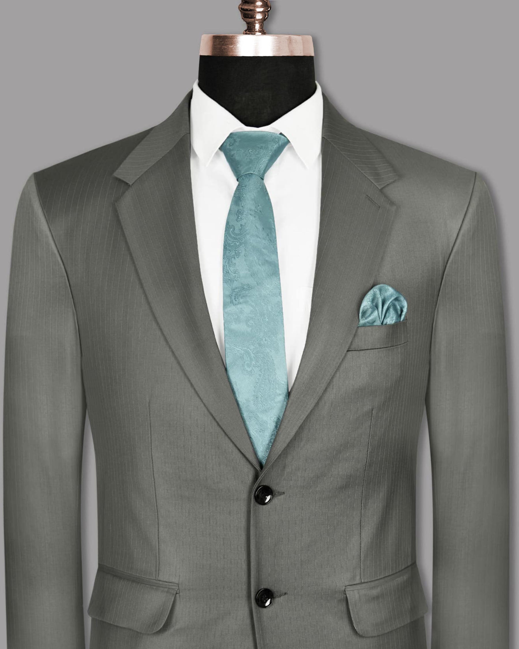Greenish Grey Striped Wool Rich Blazer