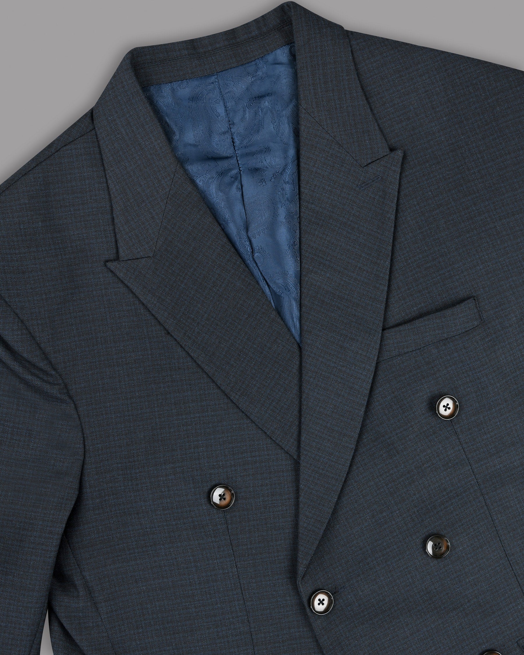 Navy Micro Checked Wool Rich Double Breasted Blazer