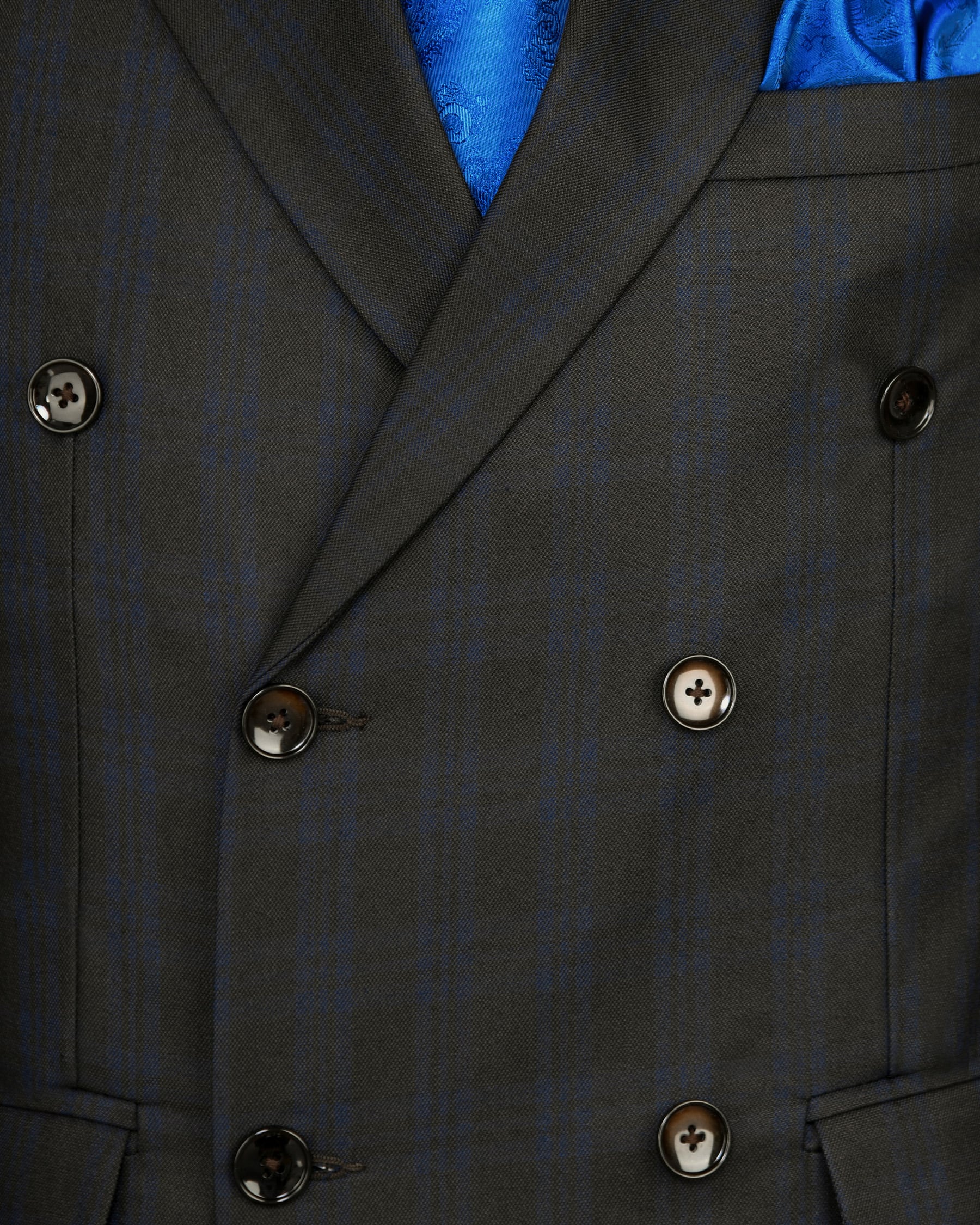 Charcoal with Subtle Navy Plaid Wool Rich Double Breasted Blazer
