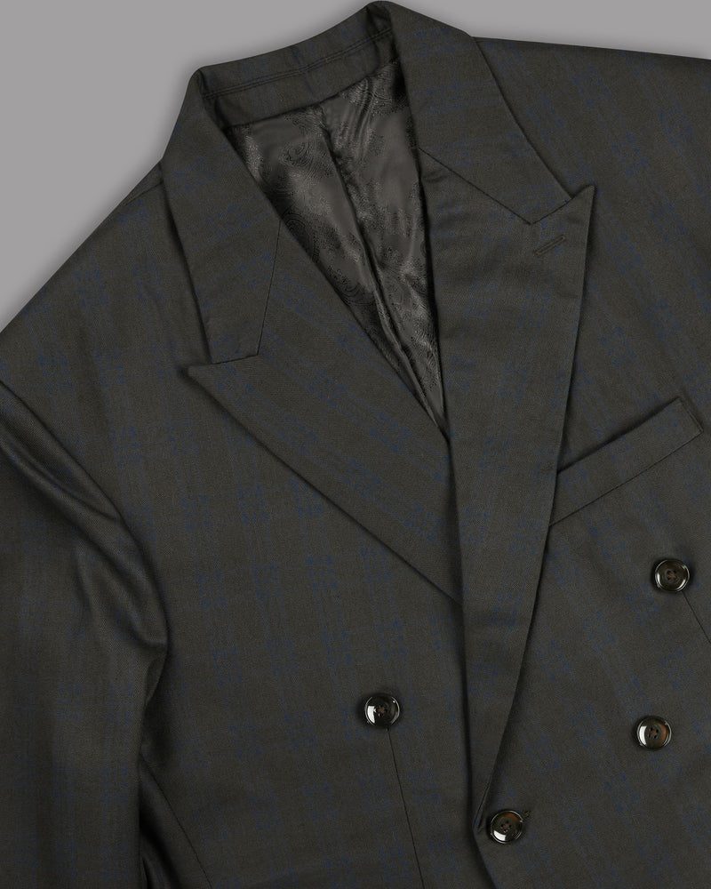 Charcoal with Subtle Navy Plaid Wool Rich Double Breasted Blazer