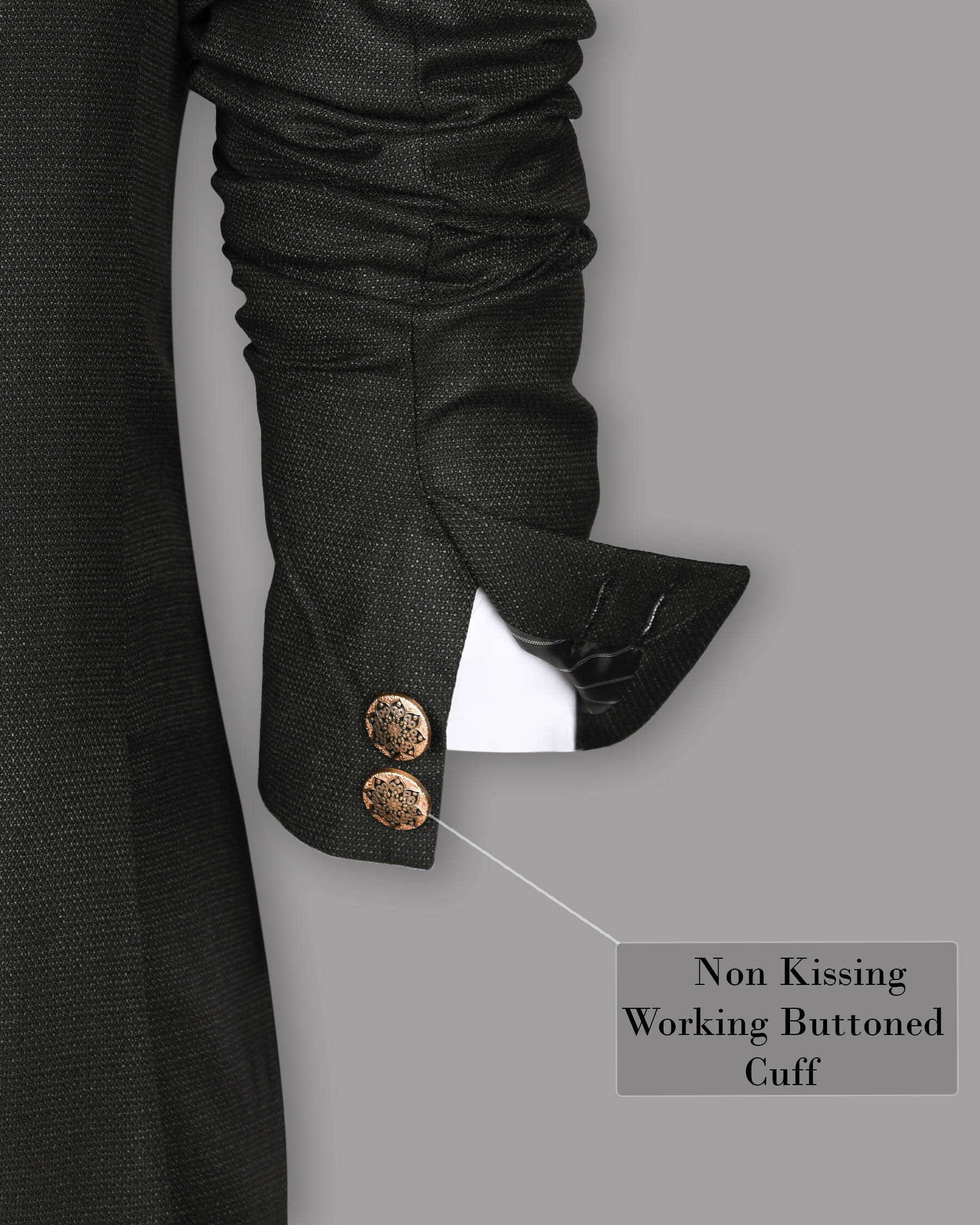 Jade Black with Subtle Grey texture Cross Placket Bandhgala/Mandarin Wool-Silk blend Blazer
