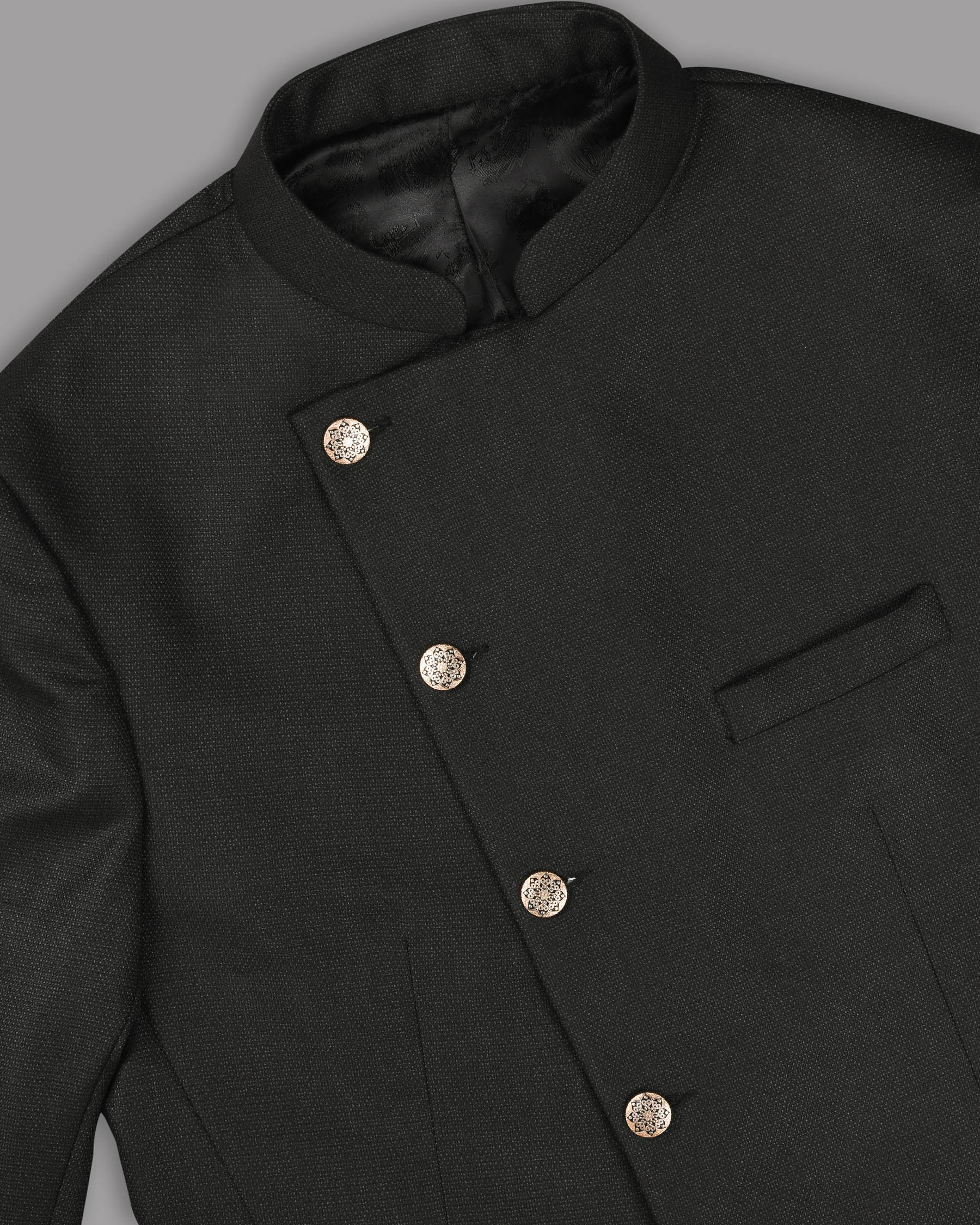 Jade Black with Subtle Grey texture Cross Placket Bandhgala/Mandarin Wool-Silk blend Blazer
