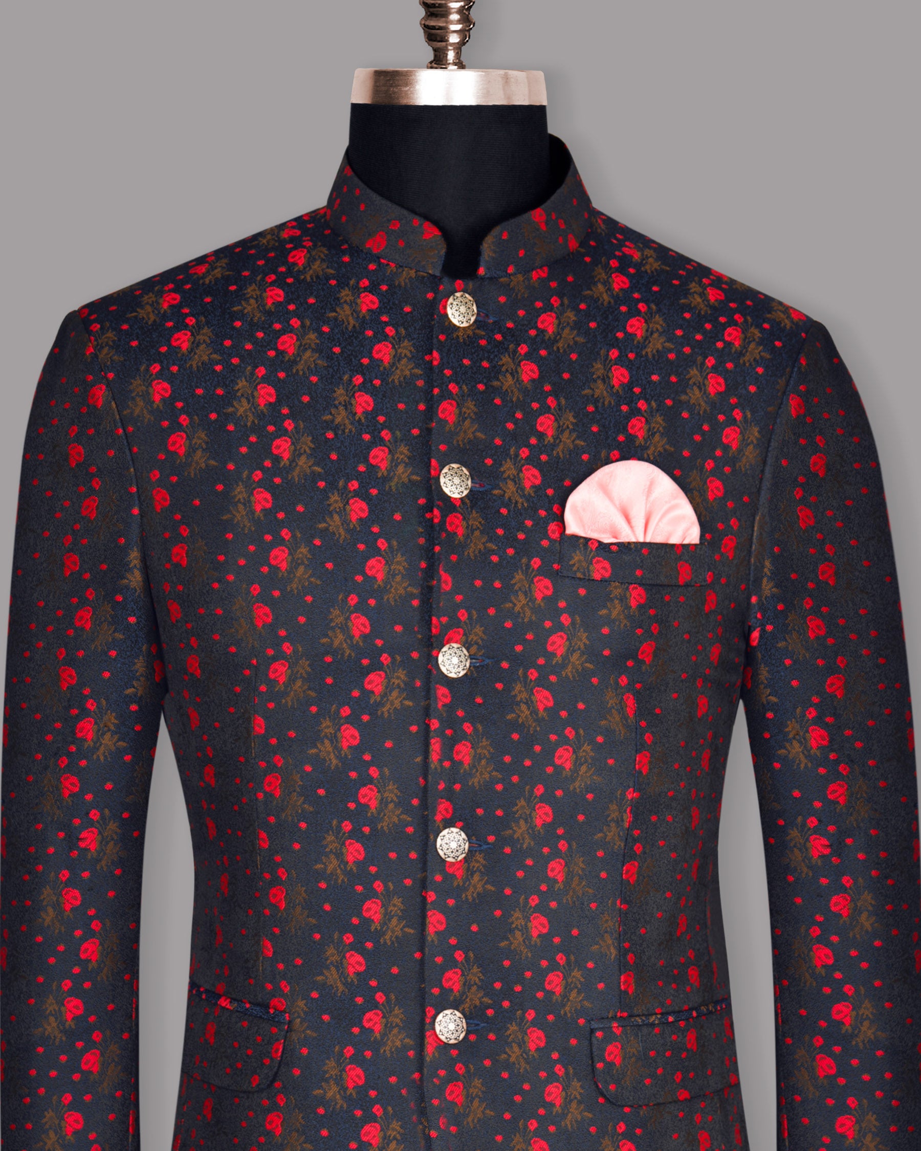 Navy with Red Flowers Patterned Designer Mandarin Blazer BL881-BG-58, BL881-BG-60, BL881-BG-38, BL881-BG-54, BL881-BG-40, BL881-BG-44, BL881-BG-46, BL881-BG-50, BL881-BG-56, BL881-BG-48, BL881-BG-36, BL881-BG-42, BL881-BG-52