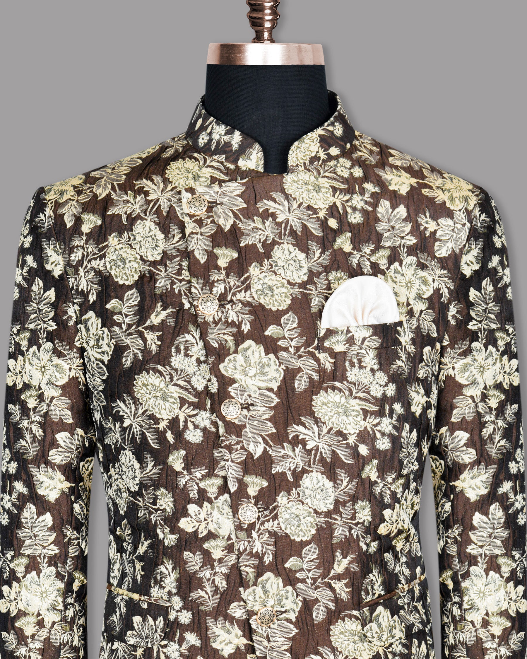 Coffee with Cream and Golden Flower Jacquard Textured Cross buttoned Mandarin Designer Blazer BL909-CBG-48, BL909-CBG-54, BL909-CBG-58, BL909-CBG-46, BL909-CBG-36, BL909-CBG-42, BL909-CBG-40, BL909-CBG-38, BL909-CBG-52, BL909-CBG-50, BL909-CBG-60, BL909-CBG-44, BL909-CBG-56