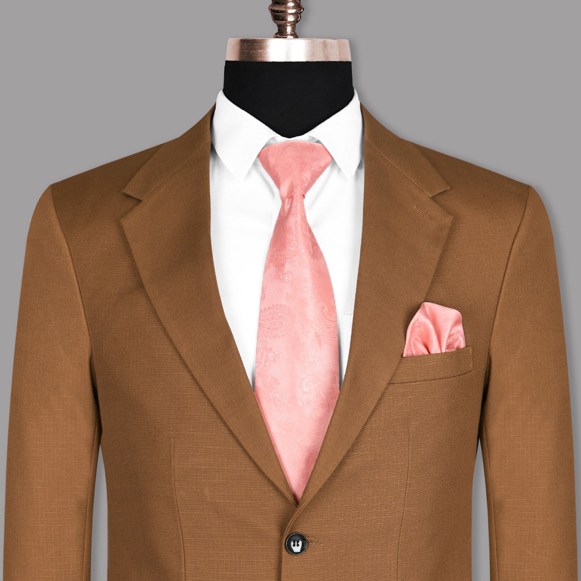 Tawny Khaki Textured Single Breasted Premium Cotton Blazers For Men