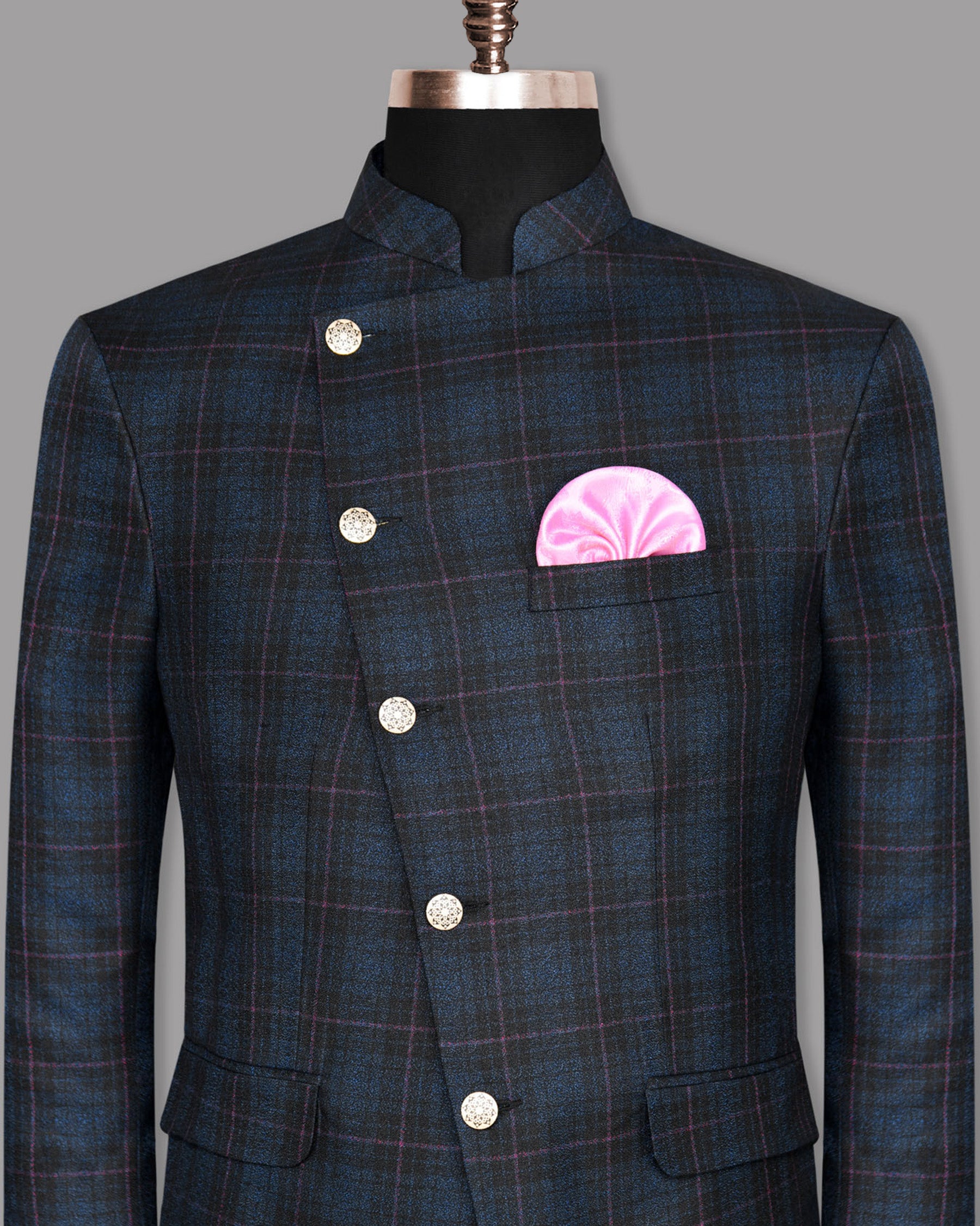 Jade Black with Blue Plaid and red windowpane Cross Buttoned Bandhgala/Mandarin Wool-Silk blend Blazer BL935-CBG-58, BL935-CBG-44, BL935-CBG-50, BL935-CBG-60, BL935-CBG-36, BL935-CBG-38, BL935-CBG-40, BL935-CBG-42, BL935-CBG-48, BL935-CBG-56, BL935-CBG-54, BL935-CBG-46, BL935-CBG-52