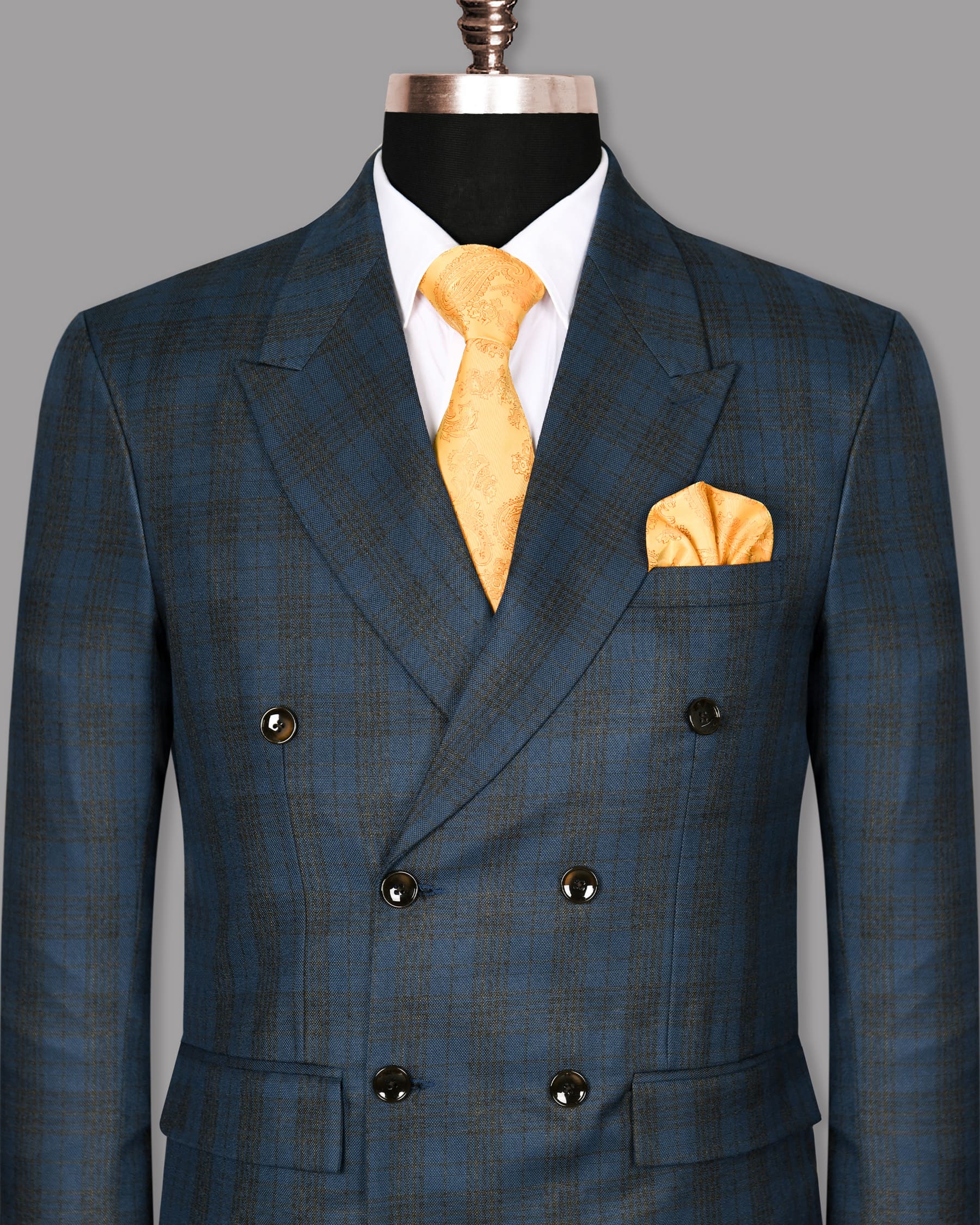 Charcoal with Blue Plaid Wool Rich Double Breasted Blazer BL969-DB-58, BL969-DB-36, BL969-DB-38, BL969-DB-42, BL969-DB-44, BL969-DB-46, BL969-DB-48, BL969-DB-52, BL969-DB-40, BL969-DB-54, BL969-DB-56, BL969-DB-60, BL969-DB-50