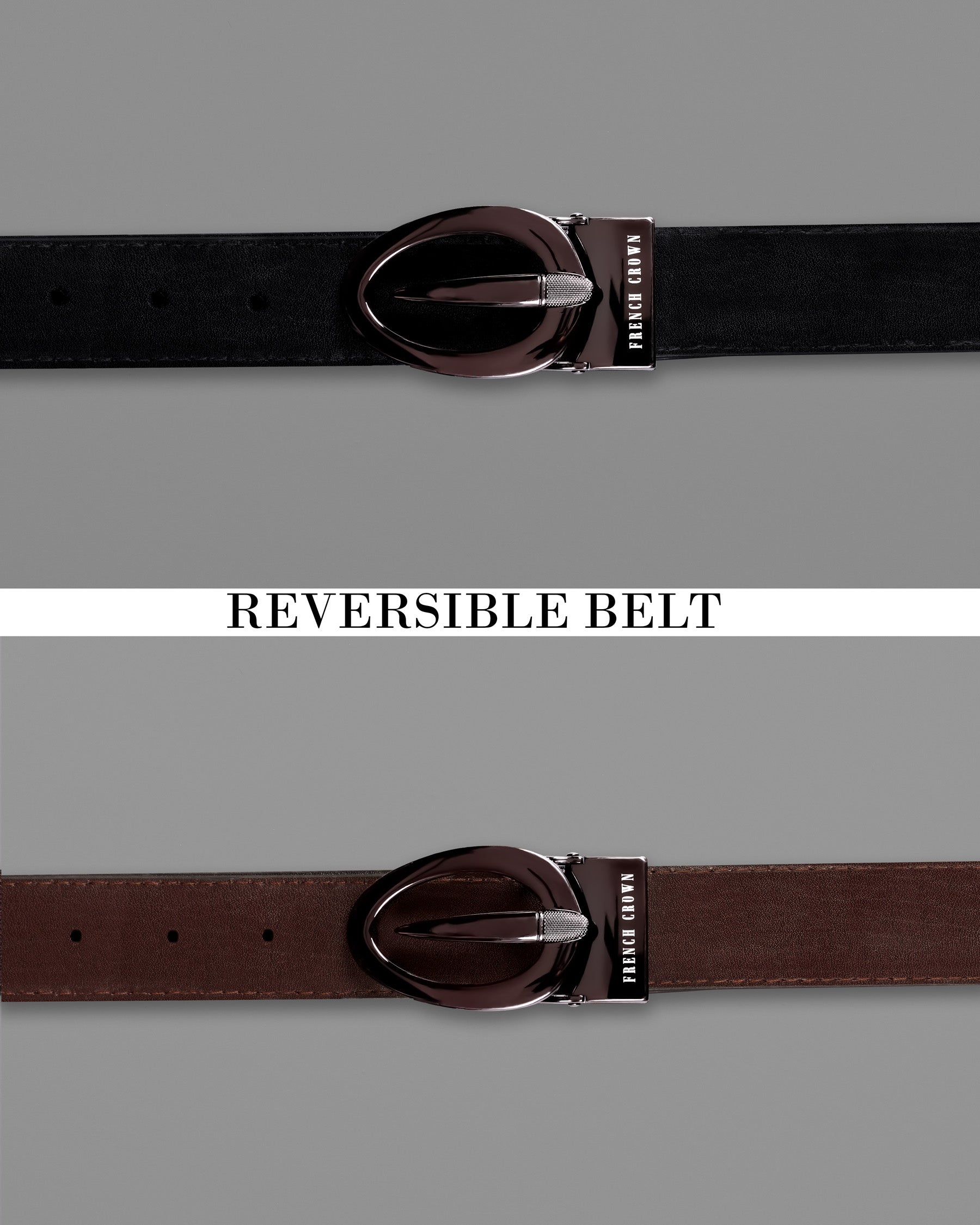Rose Gold Grey Oval  buckled Reversible jade Black and Brown Vegan Leather Handcrafted Belt BT028-28, BT028-30, BT028-32, BT028-34, BT028-36, BT028-38