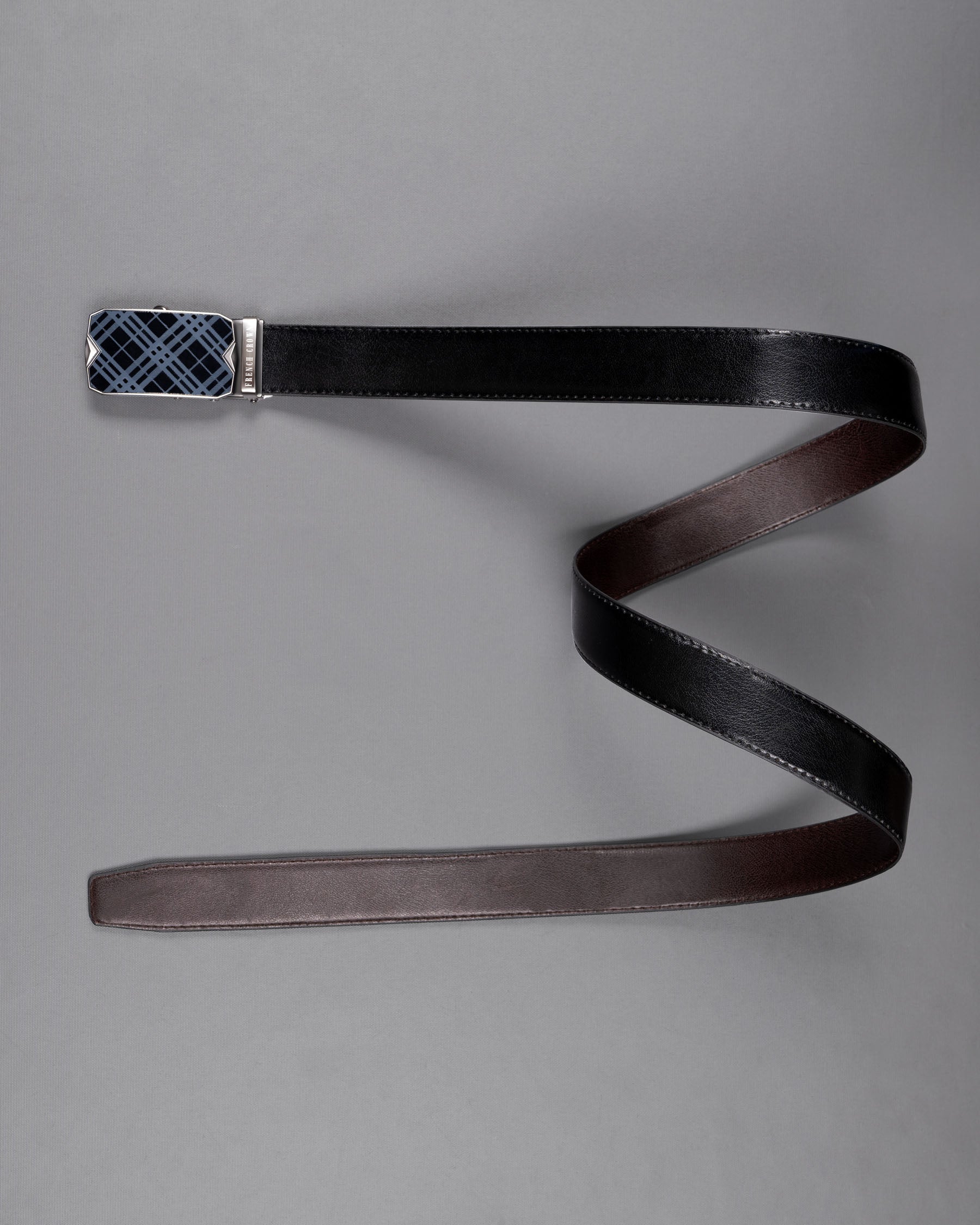 Matt Grey Checkered buckle No hole Reversible jade Black and Brown Vegan Leather Handcrafted Belt BT033-28, BT033-30, BT033-32, BT033-34, BT033-36, BT033-38