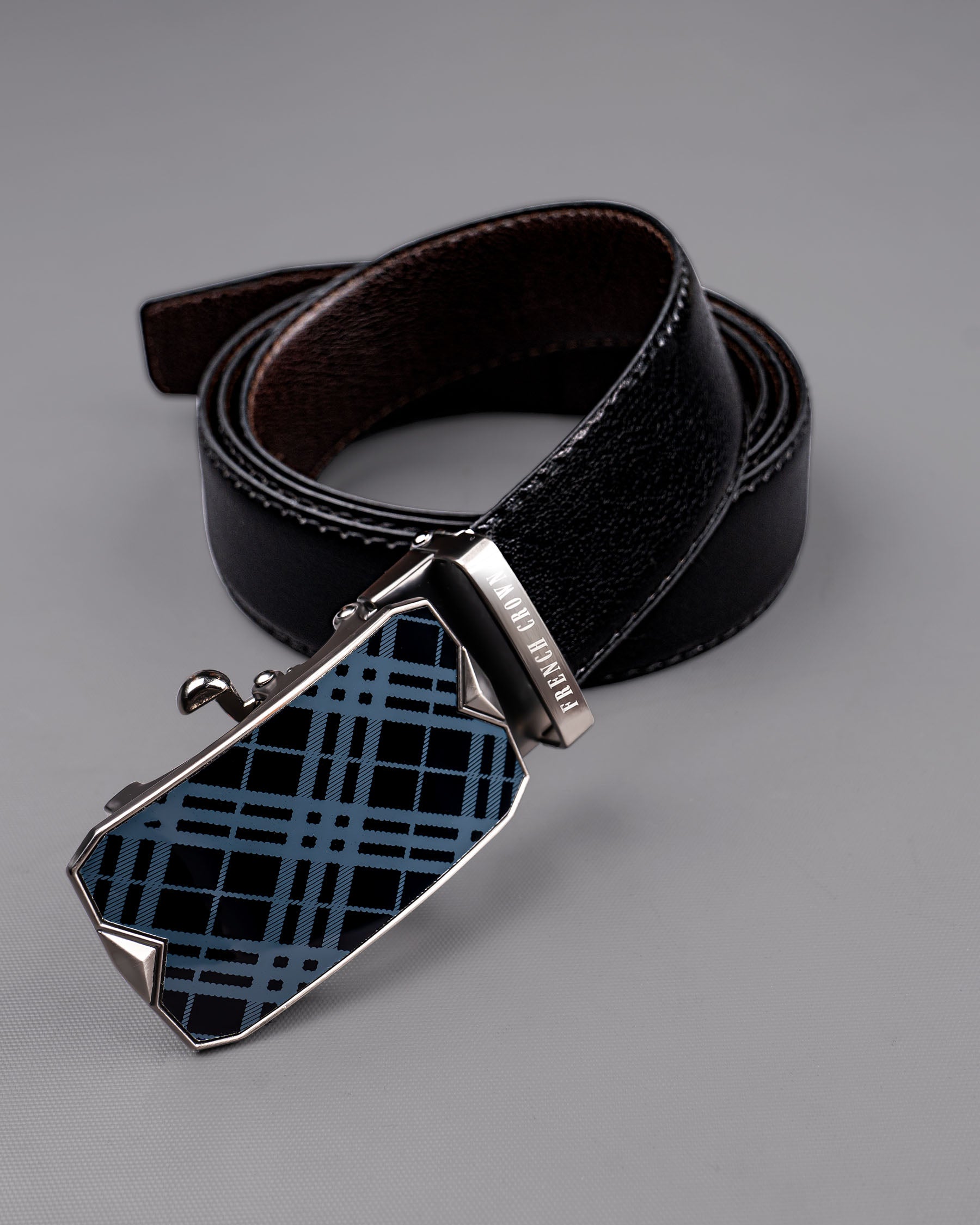 Matt Grey Checkered buckle No hole Reversible jade Black and Brown Vegan Leather Handcrafted Belt BT033-28, BT033-30, BT033-32, BT033-34, BT033-36, BT033-38