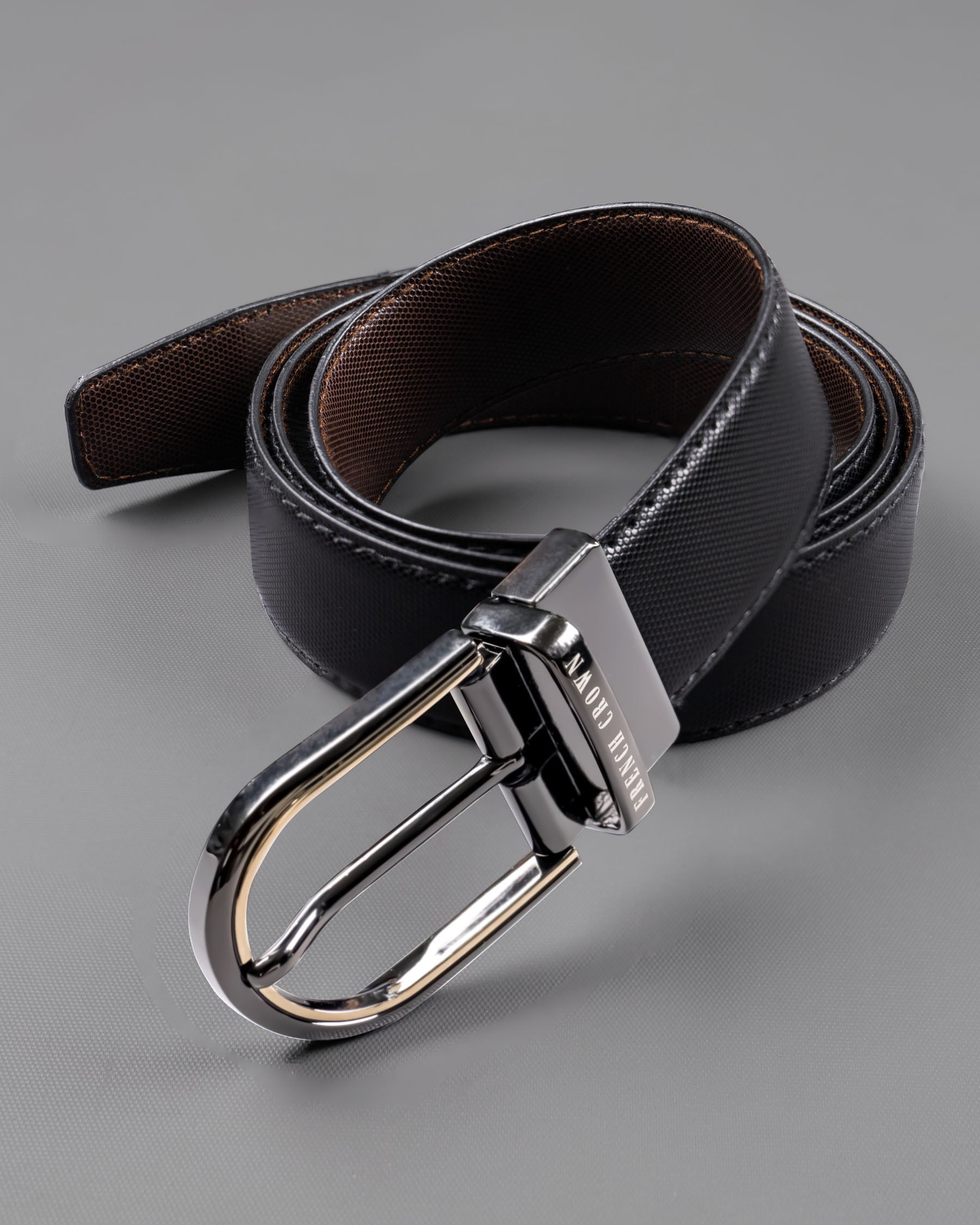 Glossy grey with Golden oval buckled Reversible jade Black and Brown Vegan Leather Handcrafted Belt BT050-28, BT050-30, BT050-32, BT050-34, BT050-36, BT050-38