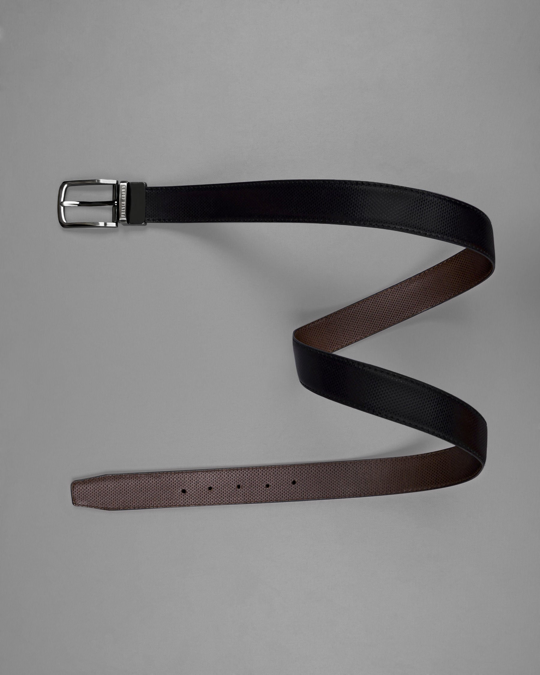 Silver Metallic Shiny Buckle with Jade Black and Brown Leather Free Handcrafted Reversible Belt BT075-28, BT075-30, BT075-32, BT075-34, BT075-36, BT075-38