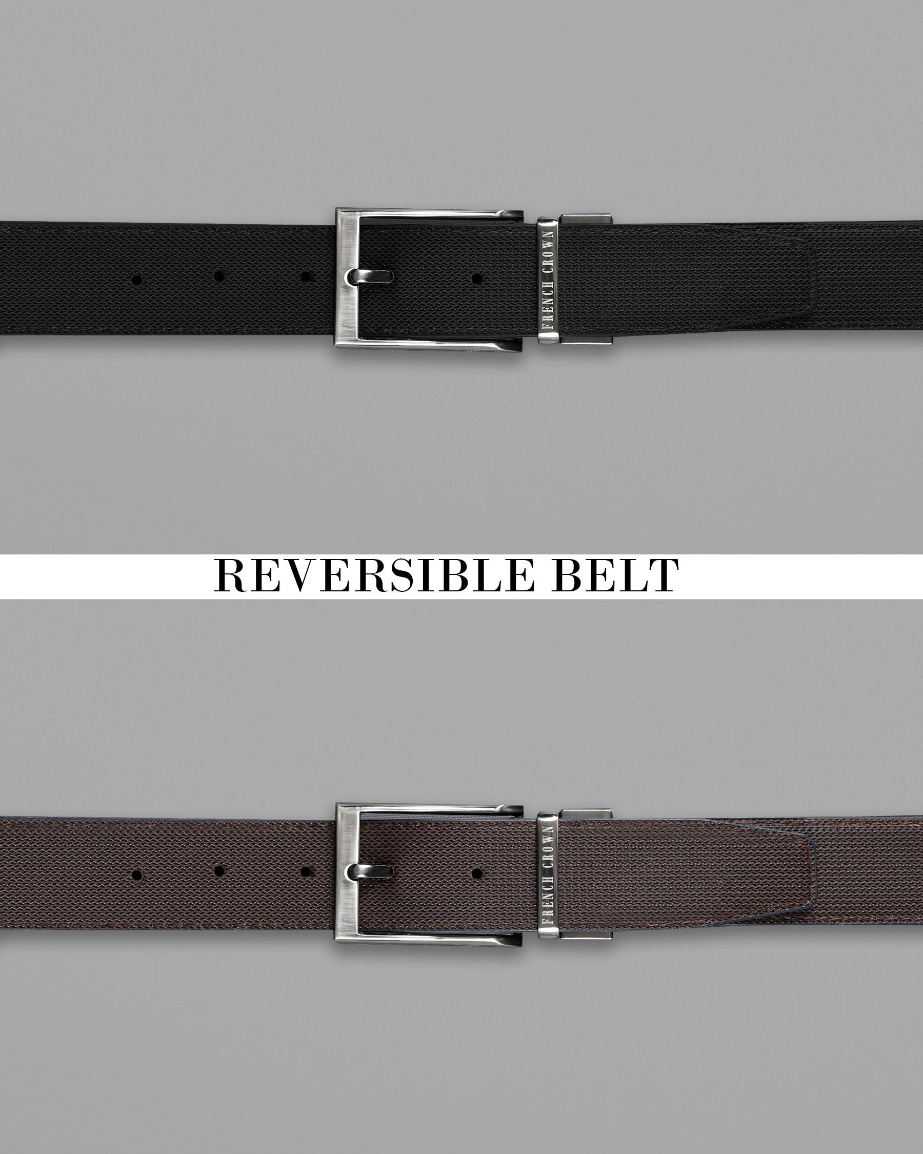 Silver Metallic Shiny Buckle with Jade Black and Brown Leather Free Handcrafted Reversible Belt BT077-28, BT077-30, BT077-32, BT077-34, BT077-36, BT077-38