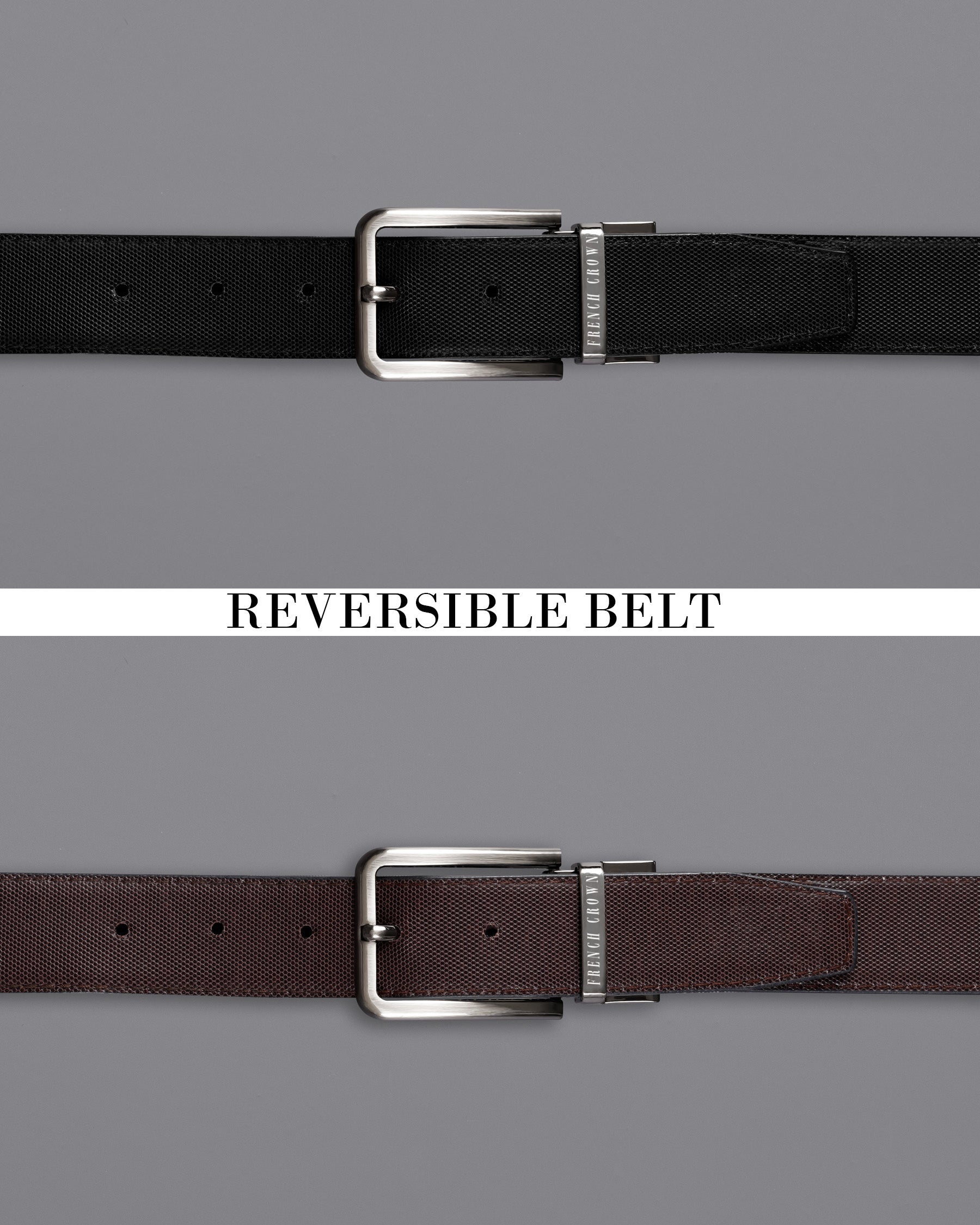 Silver Metallic Shiny Buckle with Jade Black and Brown Leather Free Handcrafted Reversible Belt BT078-28, BT078-30, BT078-32, BT078-34, BT078-36, BT078-38