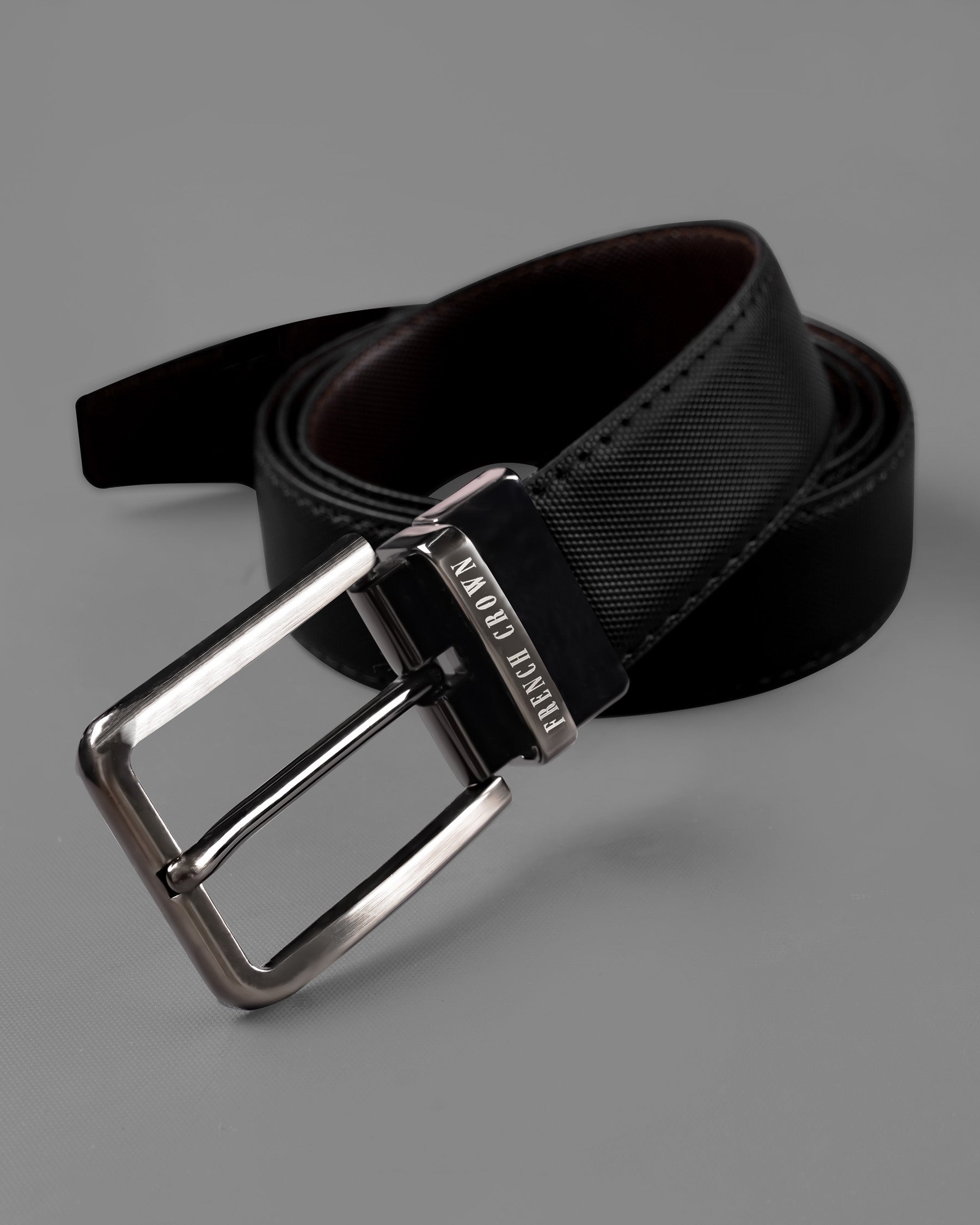 Silver Metallic Shiny Buckle with Jade Black and Brown Leather Free Handcrafted Reversible Belt BT078-28, BT078-30, BT078-32, BT078-34, BT078-36, BT078-38