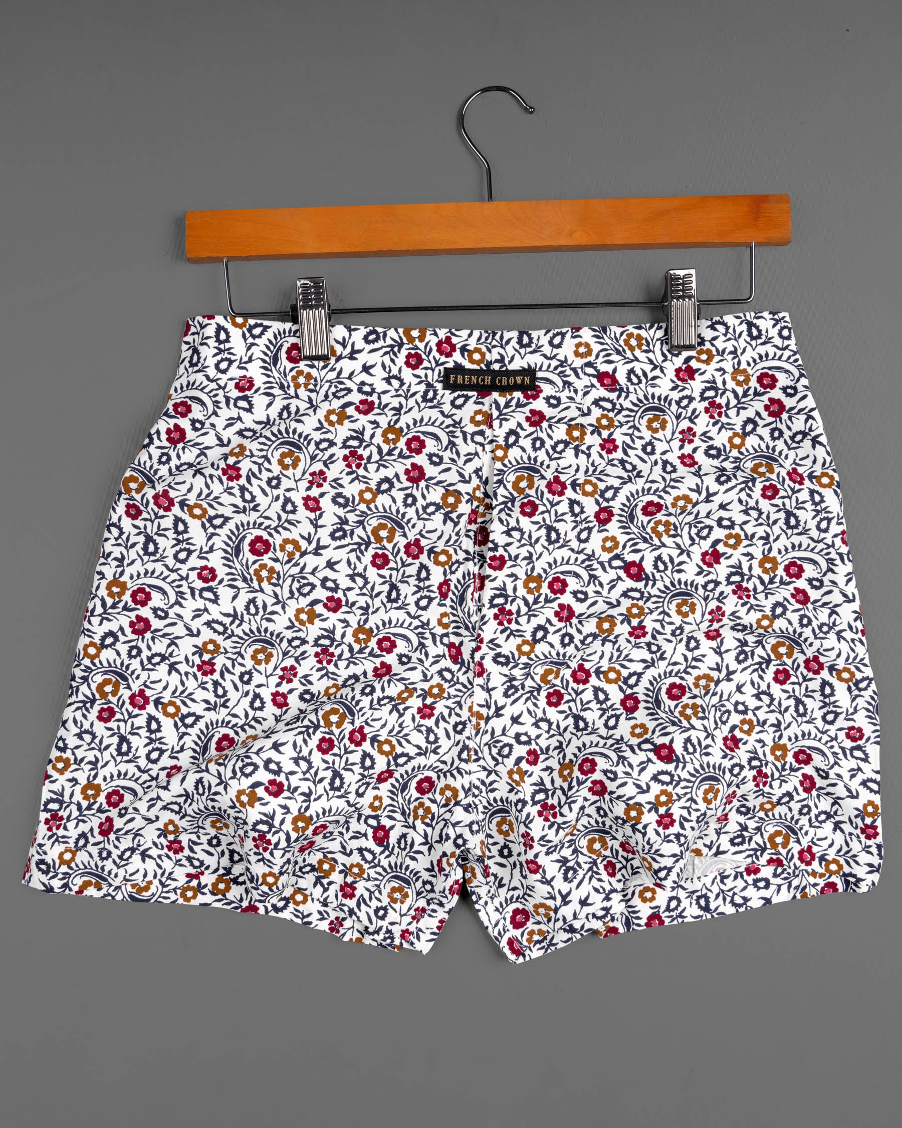 Bright White and Tamarillo Red with Camouflage Green and Saffron Floral Printed Premium Tencel Boxers BX422-28, BX422-30, BX422-32, BX422-34, BX422-36, BX422-38, BX422-40, BX422-42, BX422-44