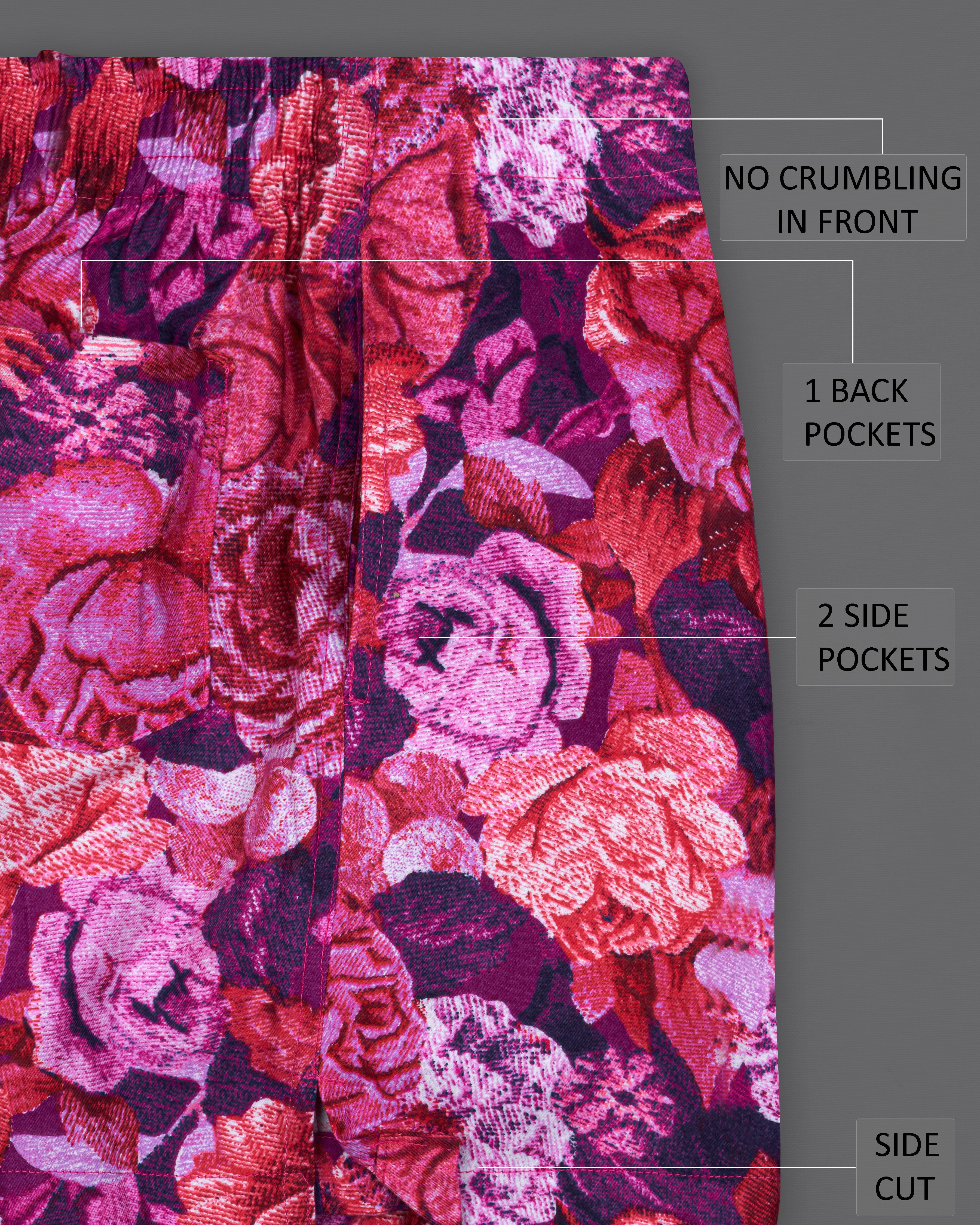 Bastille Purple with Deep Cerise Pink Rose Printed Twill Premium Cotton Boxers BX485-28, BX485-30, BX485-32, BX485-34, BX485-36, BX485-38, BX485-40, BX485-42, BX485-44