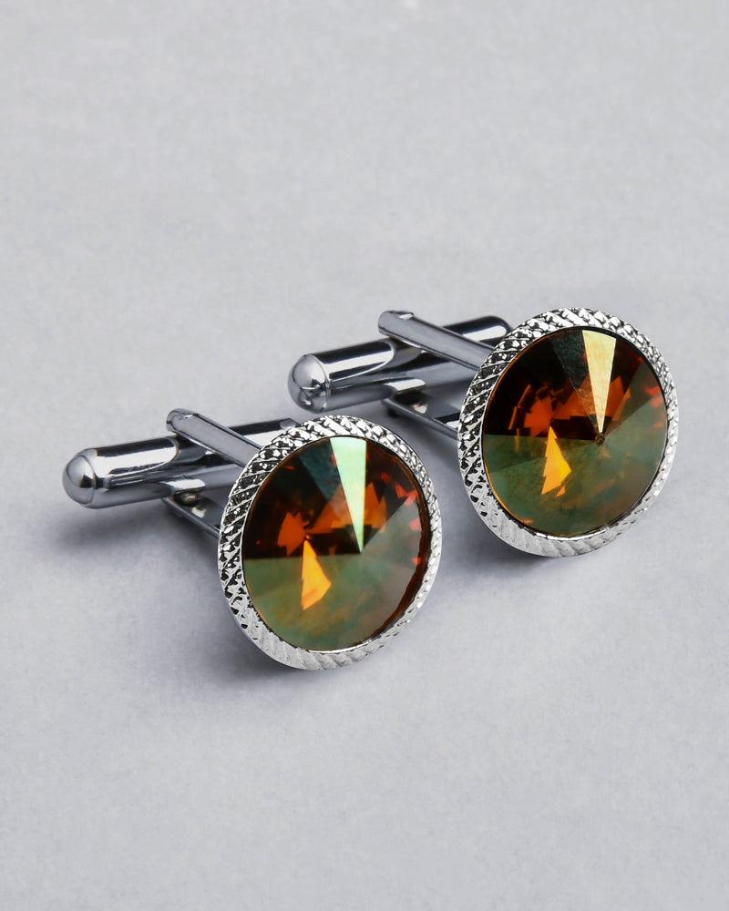 Silver with Bordered Patterned and Brown Diamond Shaped Stone Cufflinks CL45