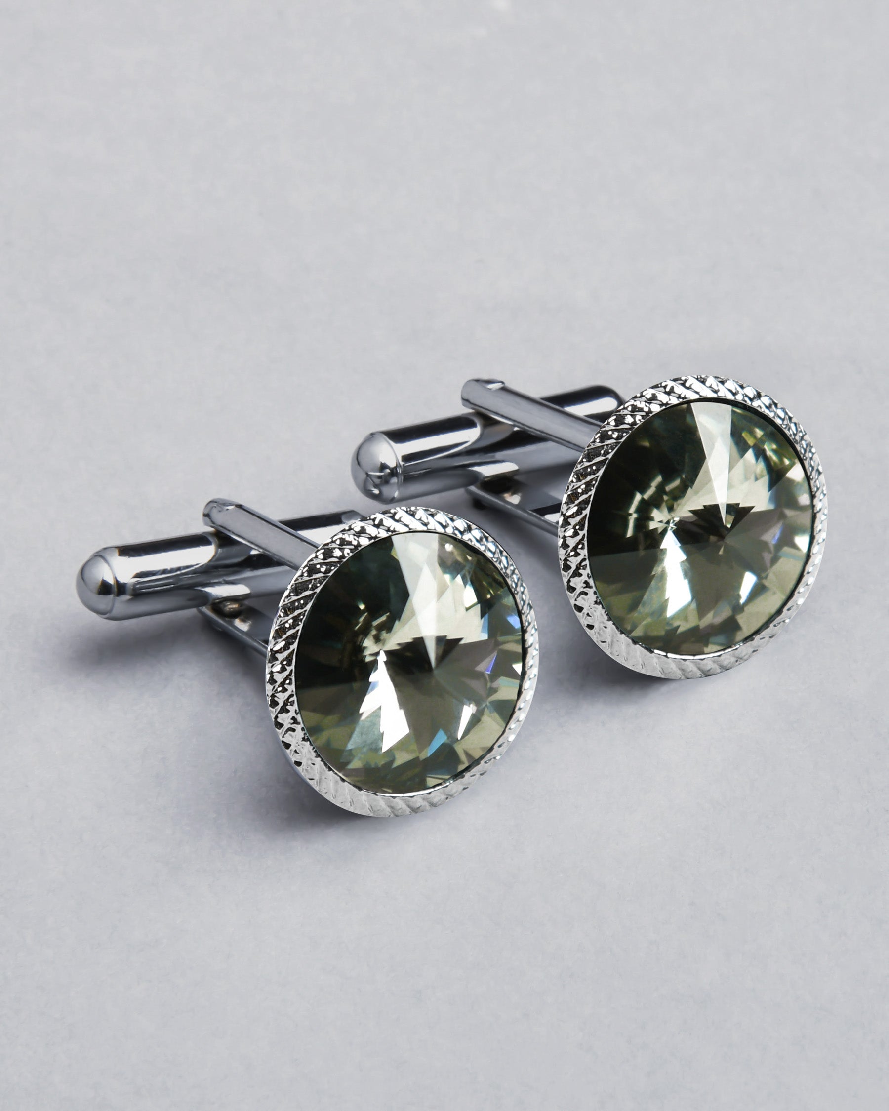 Silver with Border Engraved Grey Diamond Shaped Stone Cufflinks CL49