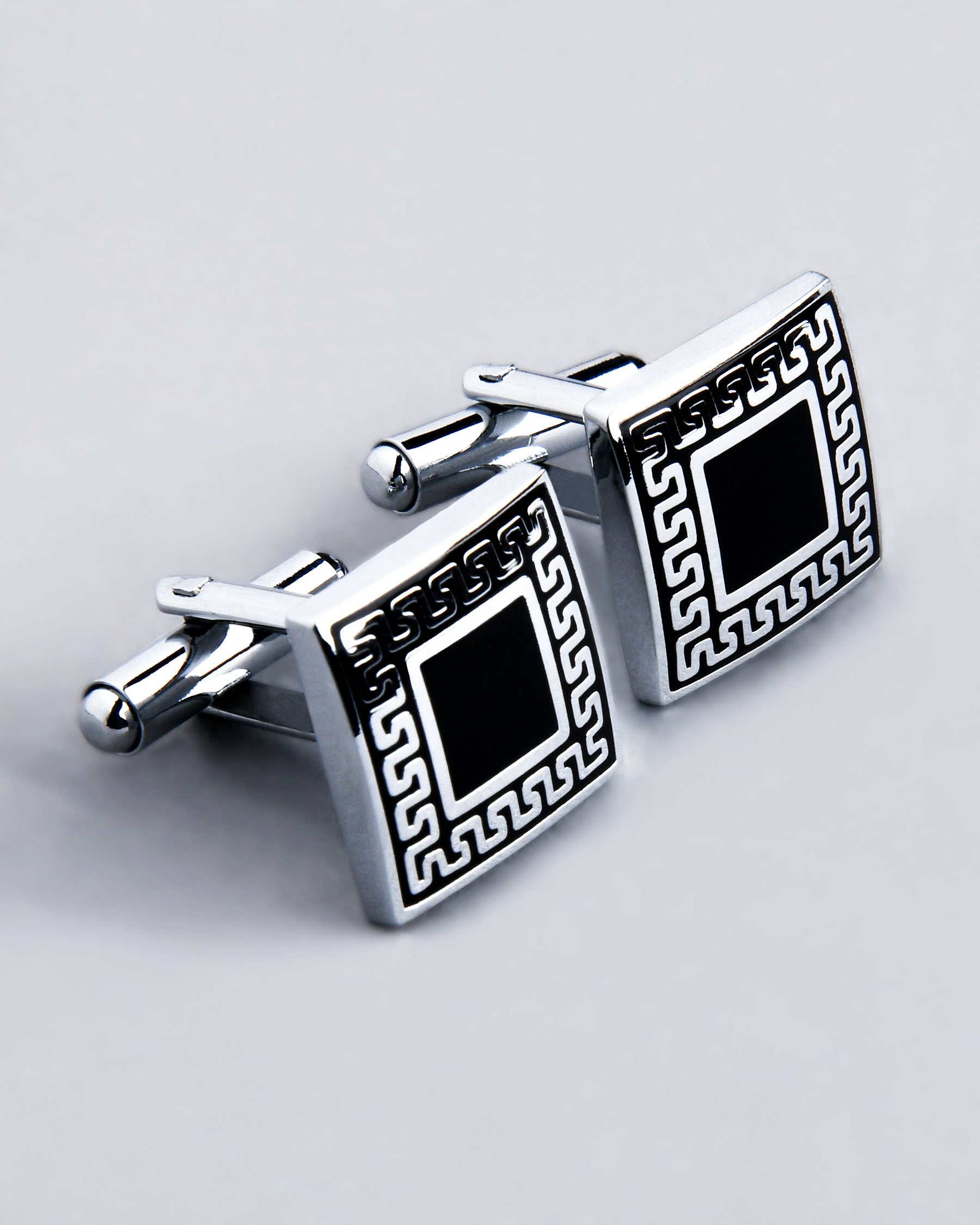 Sliver with Black Border Textured Square Steel Cufflinks CL13