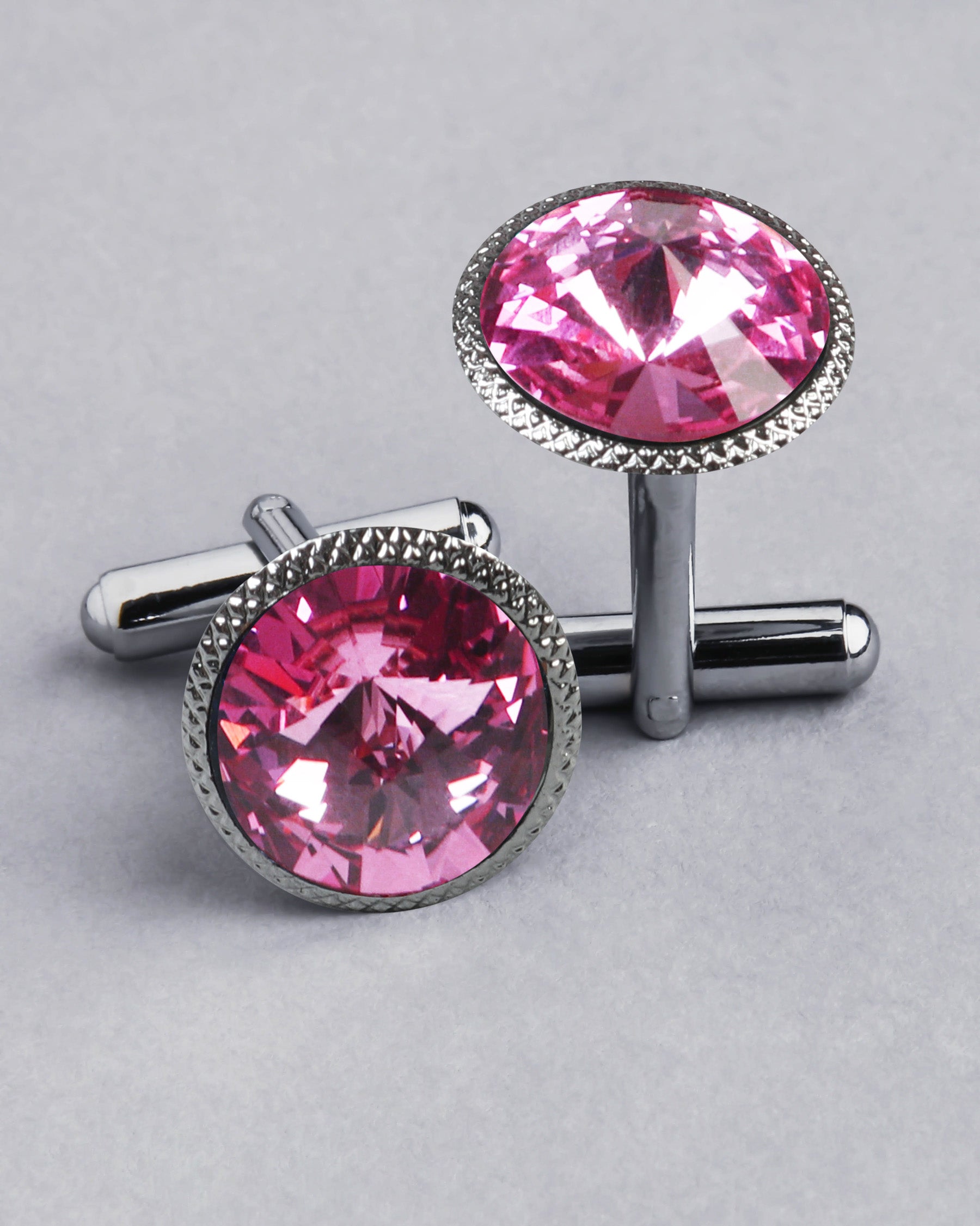 Silver Engraved with Pink Diamond Shaped Stone Cufflinks