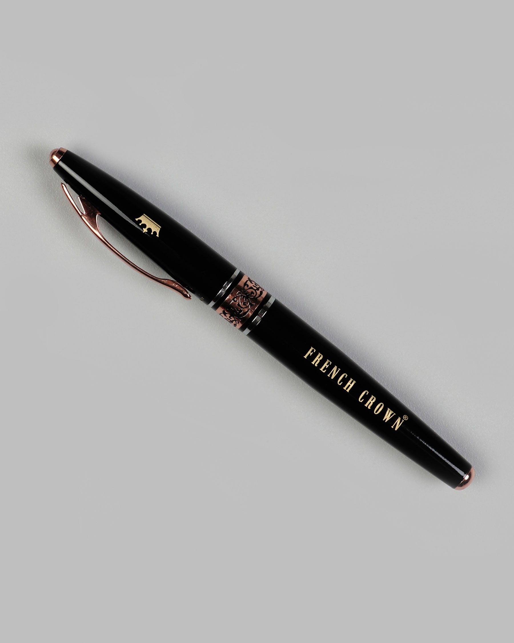 Glossy Jade Black with Rose Gold Detailed Flora Engraved Roller Pen and Wooden Keychain